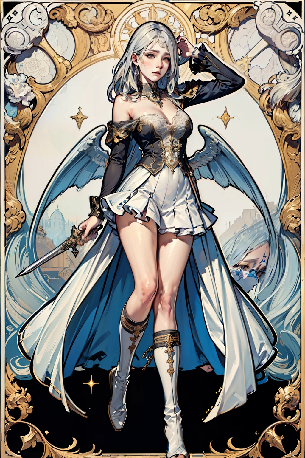  ((best quality)), ((masterpiece)), (detailed), 1girl, Character design, female, dynamic poses, long white grey hair, grey white eyes, very skinny, detailed, best quality, no accesoires around the neck, no shoes, prominent collarbones, skinny arms, flat stomach, visible hip bones, full body, blank white background, plain background, white background, red and white clothing, Bloodborne inspired, occult aesthetic, occult, detailed and intricate steampunk and detailed gothic, NSFW, Very dramatic and cinematic lighting, cosmic horror, grim-dark, side-lighting, perfect face, NSFW, Fluttering lace flared long knee length dress with frilly petticoats, knee length dress, pleated petticoats, petticoats gothic, complex lace boots, side-lighting, gothic aesthetic, wielding a mighty sword with mechanical components, mandalas, a fairy, various different types of insect wings, NSFW, full body, whole body, body, plain background, white background, blank background, no background, white background NSFW, chains, full body, whole body, head-to-toe NSFW 