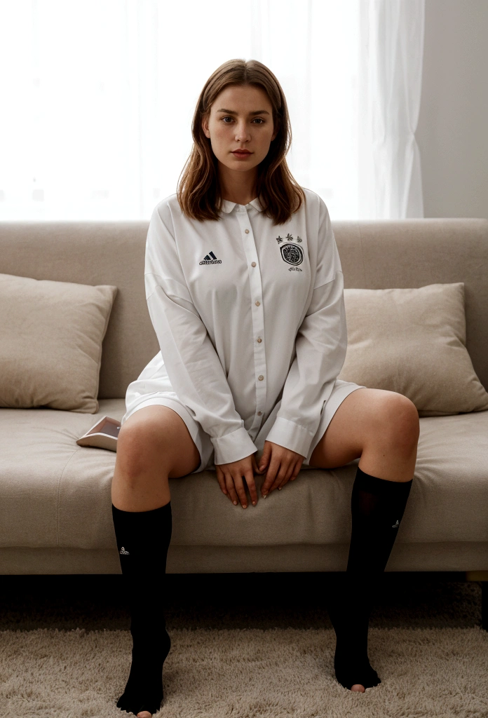 she wear a oversize shirt of the german football team which reaches up to his legs, she is at home in his couch, she has no stockings