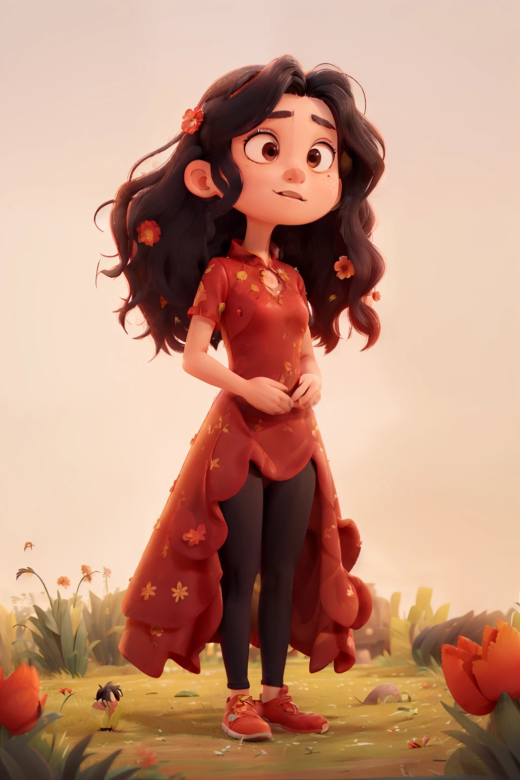 ((detailed scene)) ((a red flowered gown with leggings)) ((a single dress for the character)) ((a quiet girl)) (( long flowing black hair ))((gentle brown eyes)) ((she stood on a grassy path)) ((scared))