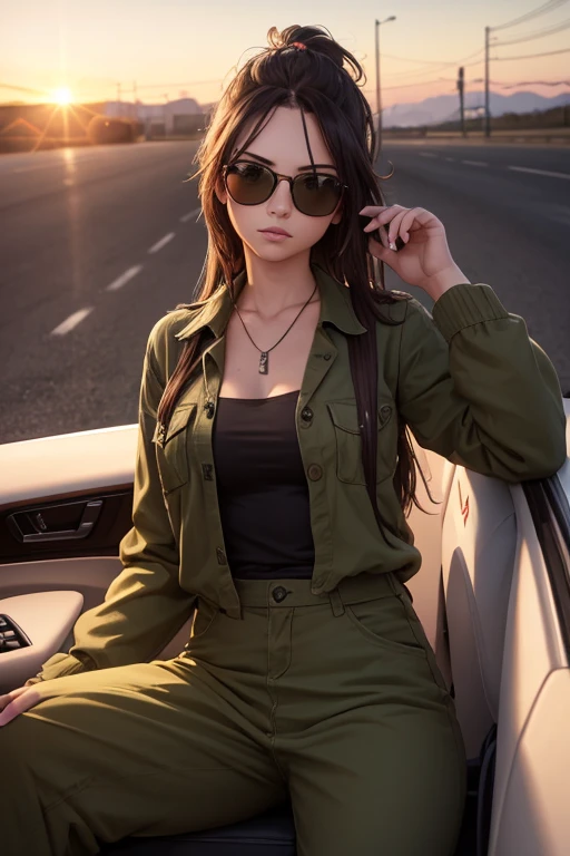 8K, RAW picture, rendered, Young punk woman sitting in the car, olive green jumpsuit, sunglasses, sunset in the background, ultra-detailed, photorealistic, realistic face, realistic hands, realistic legs, cinematic