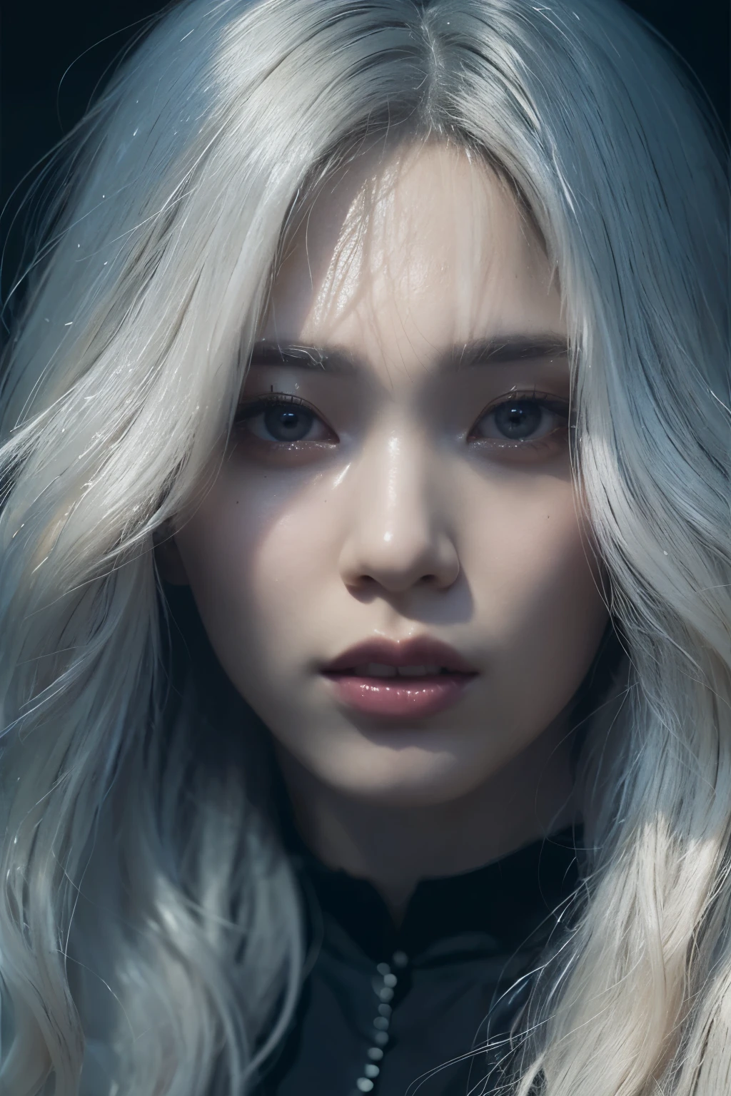 (Fantasy Art Photos, Realistic photos, 1 Girl in the dark, Dreamy Face, Deep Shadows, Low-key luxury, Poster Style, 4k) + (Delicate face, Dynamic Lighting, dark texture, formal (wearing formal wear: 1.4), Long white hair, denim photo) + (Gorgeous volume lighting, Full of surreal art)