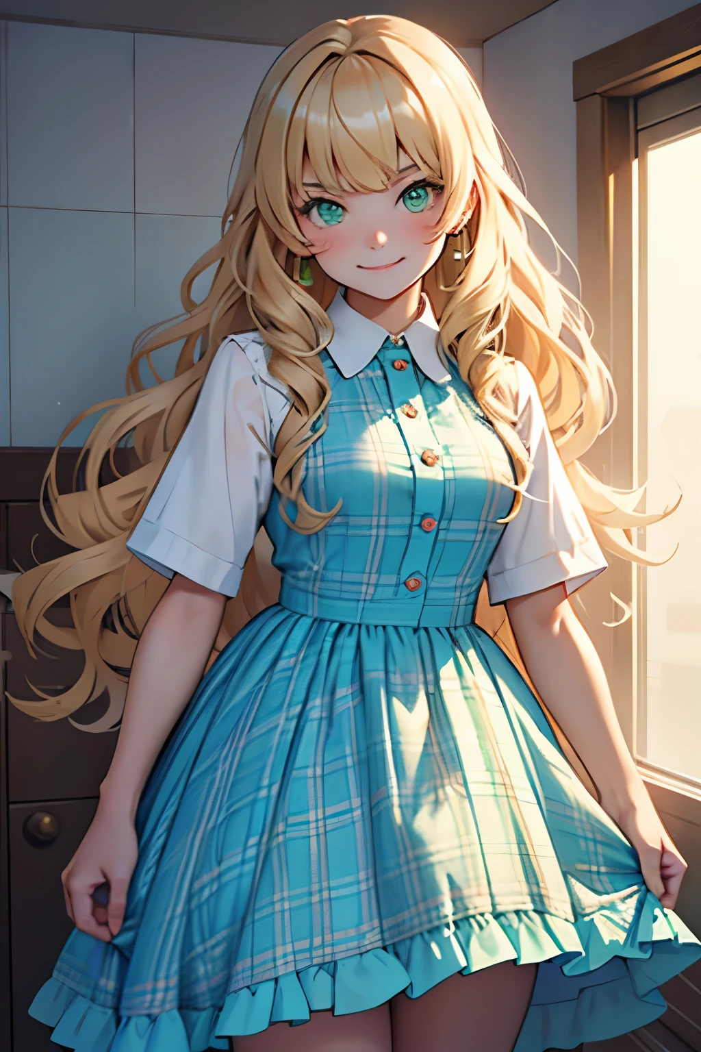 a cute teenage girl, a 12 years old girl, with peach blonde voluminous wavy chanel  hair with bangs and green eyes, dressing a pastel blue plaid dress, a cute with evil smile
