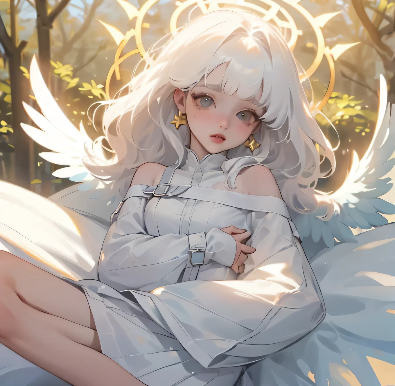 (high quality) (best quality) (a woman) (correct physiognomy) Woman, white hair with bangs on her forehead, four small angel wings coming out of her head, two on the left side and two on the right side, two angel wings coming out of her back, a golden halo behind her head, golden eyes, tender lips, middle age, white dress with straps on the shoulders, skirt cut diagonally leaving one leg exposed, location of the photo the woman must be in middle of the forest, photo lighting sunlight, full body proportion, showing in the photo the body from head to torso
