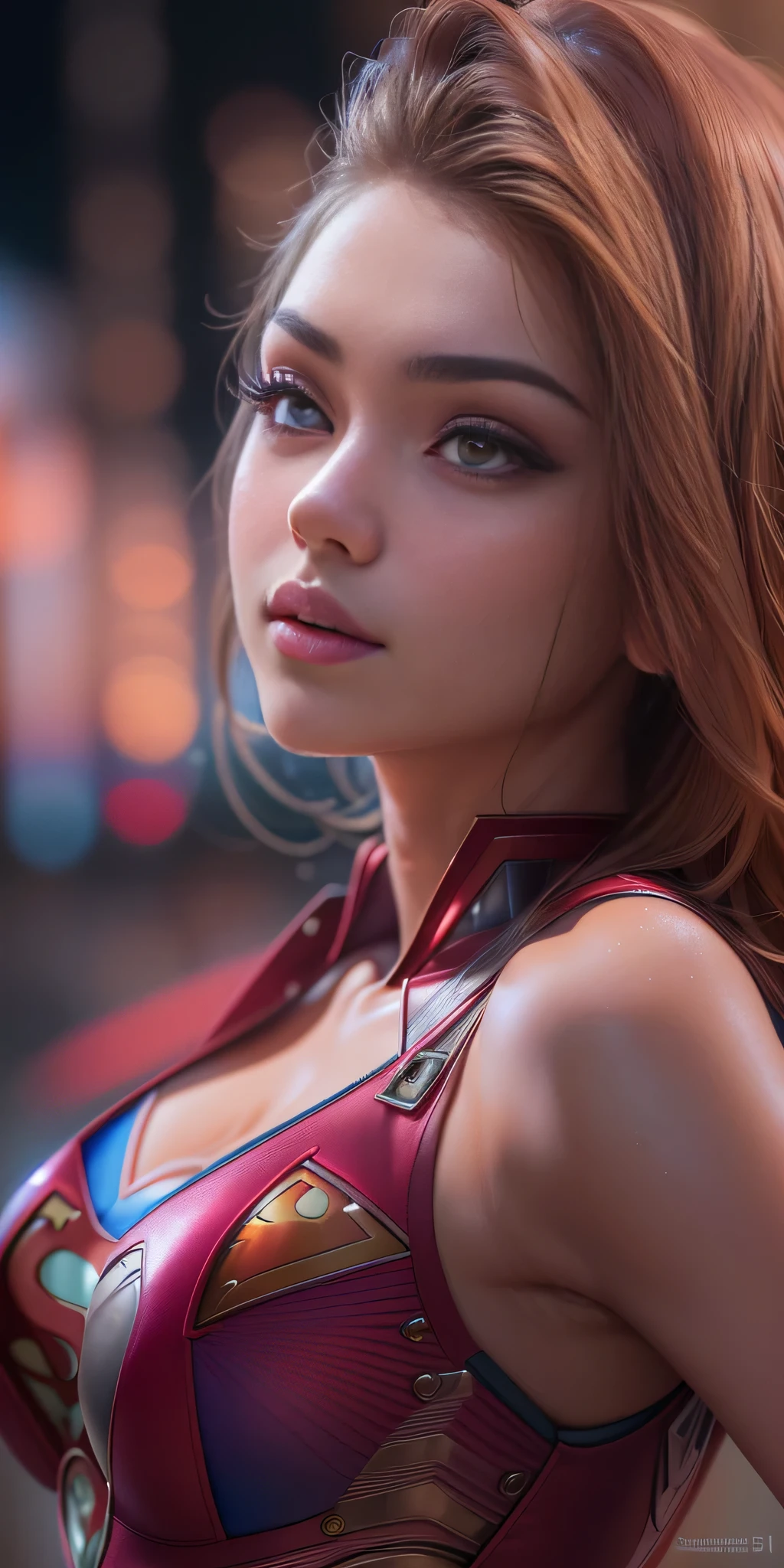 Anime style, (superman girl), insanely beautiful Alina Gorokhova portrait photo, 21 years old, full body, top angle, body curves, navel, miniskirt, smooth creamy skin, beautiful maroon eyes, Beautiful facial details, ((Manhattan background) )), low angle medium shot, greedy and attractive, amazingly euphoric gorgeous, vivid emotion, peach fluff, symmetrical circular iris, natural Glitter makeup, detailed moisture, detailed droplets, detailed intricate hair strands, DSLR, reflected in raytraced, Pino Deni, Larry's Bud Melmann, symmetrical face and body, CGsociety, Gottfried Hernwein and Irakli Nadal, eye reflections, focus, Unreal Engine 5, VFX, film photography, extreme detail, Ultra HD, post-processing, post-production, single face, Tanvir Tamim, ultra-realistic photography, Shot with Hasselblad X1D-50c, ISO 100