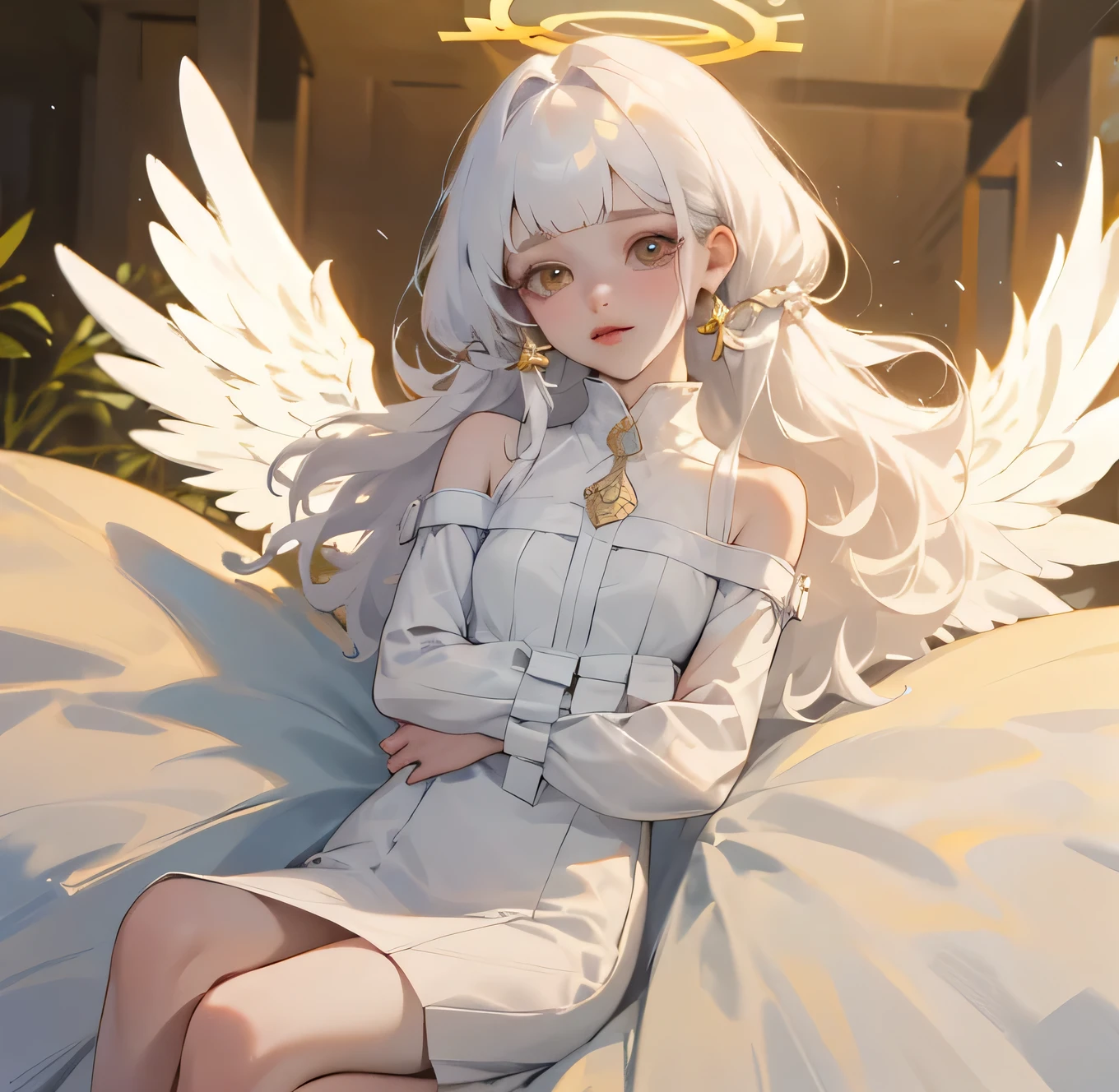 (high quality) (best quality) (a woman) (correct physiognomy) Woman, white hair with bangs on her forehead, four small angel wings coming out of her head, two on the left side and two on the right side, two angel wings coming out of her back, a golden halo behind her head, golden eyes, tender lips, middle age, white dress with straps on the shoulders, skirt cut diagonally leaving one leg exposed, location of the photo the woman must be in middle of the forest, photo lighting sunlight, full body proportion, showing in the photo the body from head to torso