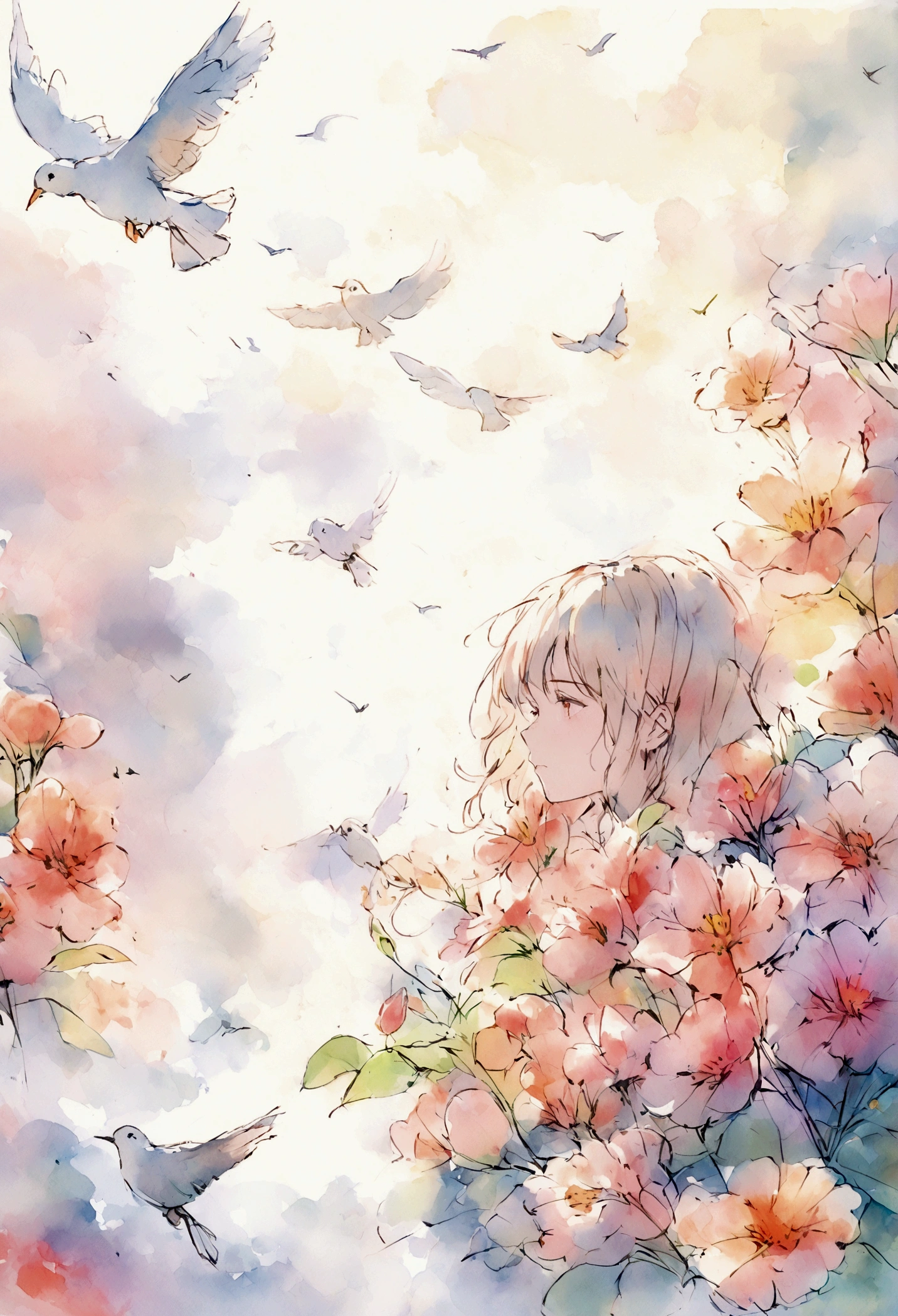 Flowers and Birds, sketch, Watercolor Colors.