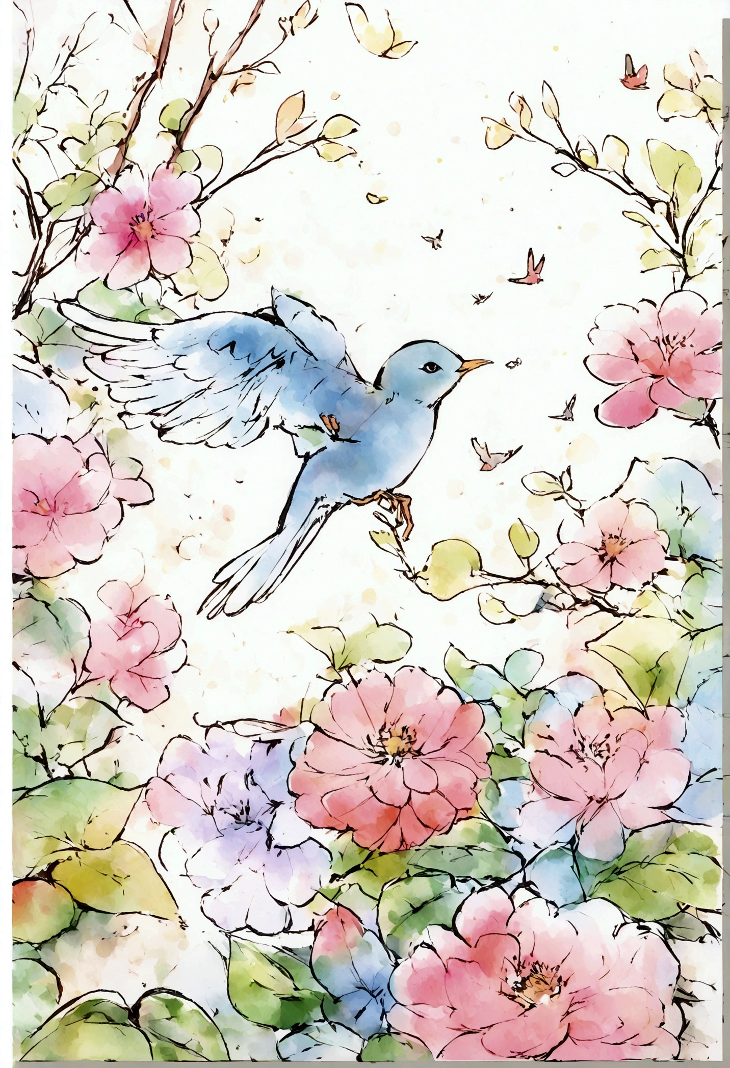 Flowers and Birds, sketch, Watercolor Colors.