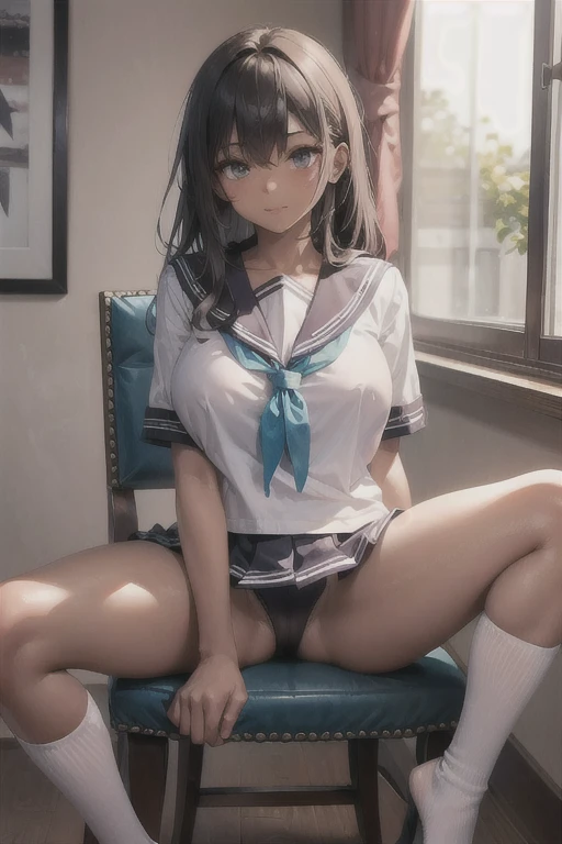 A busty dark skinned girl wearing a sailor fuku, sitting on a chair spreading her legs