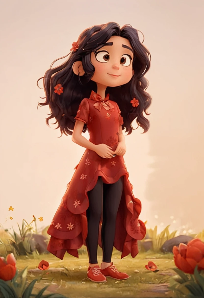 ((detailed scene)) ((depict walking)) ((a red flowered gown with leggings)) ((a single dress for the character)) ((a quiet girl)) (( long flowing black hair ))((gentle brown eyes)) ((she stood on a grassy path)) ((walking))