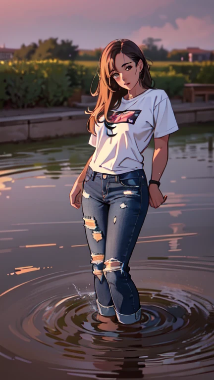ultra-detailed, professional, masterpiece, sinking in quicksand, memorable, feminine woman, t-shirt, flared jeans, dusk, fetishistic posing, fetish, wet and messy fetish photo session, side view