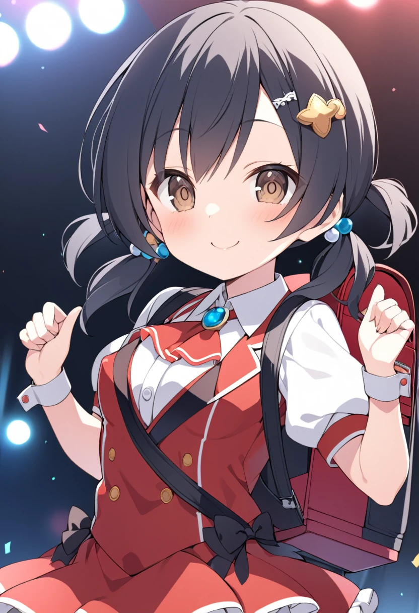 kaai yuki. brown eyes, black hair, ,short twintails, low twintails, short twintails, hair ornament, 11years old , live stage, large breasts, 1girl, smile, ,white shirt, ascot, puffy short sleeves, red dress, collared shirt,backpack, solo nipple 