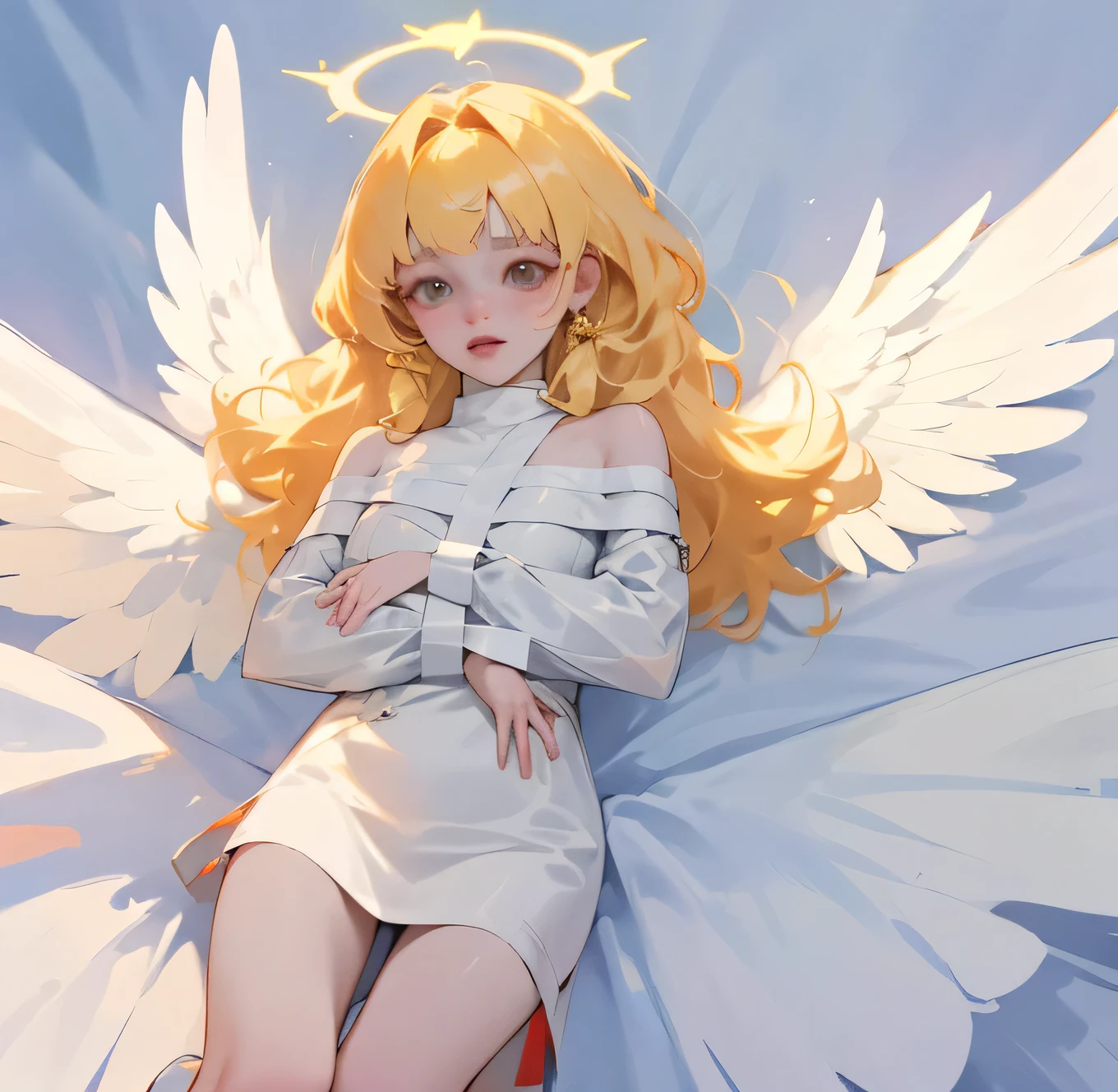 (high quality) (best quality) (a woman) (correct physiognomy) Woman, white hair with bangs on her forehead, four small angel wings coming out of her head, two on the left side and two on the right side, two angel wings coming out of her back, a golden halo behind her head, golden eyes, tender lips, middle age, white dress with straps on the shoulders, skirt cut diagonally leaving one leg exposed, location of the photo the woman must be in middle of the forest, photo lighting sunlight, full body proportion, showing in the photo the body from head to torso