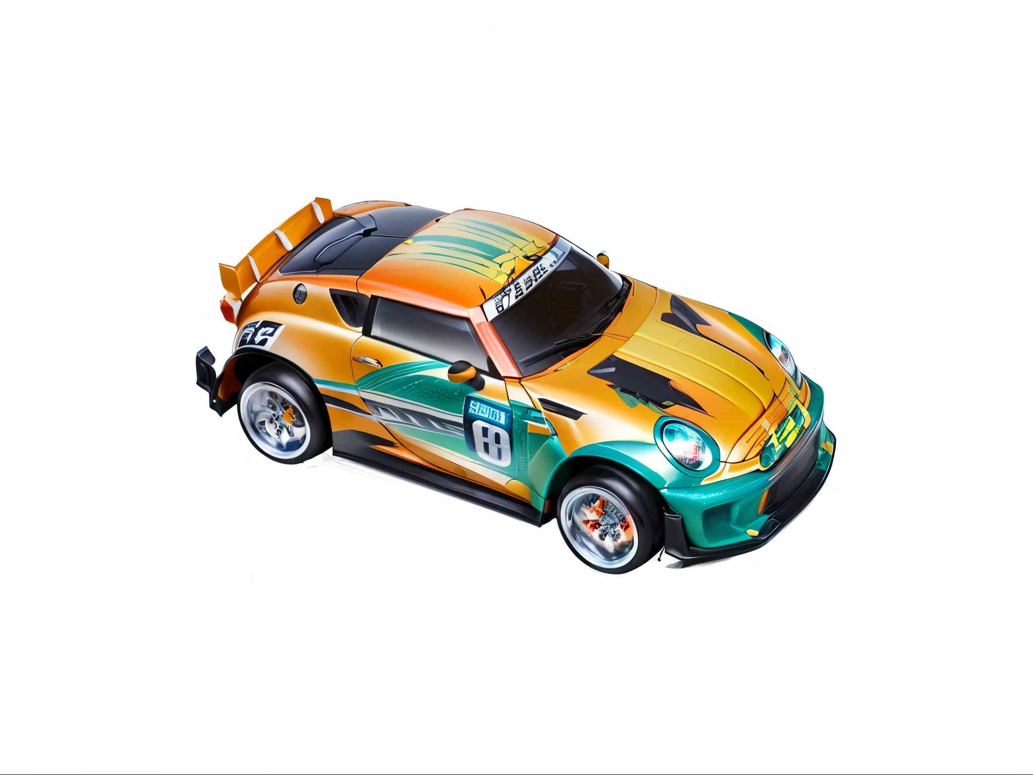 Close-up of a toy car，上面有一辆Racing, Hot Wheels, Hot Wheels, Racing, Racing, Energetic, miniature of a Sports Car, mini model, high tech, rally car, Orange and teal paint decals, Sports Car, Sports Car, Sports Car, Ultra-high resolution, Close body shot, Surrealism