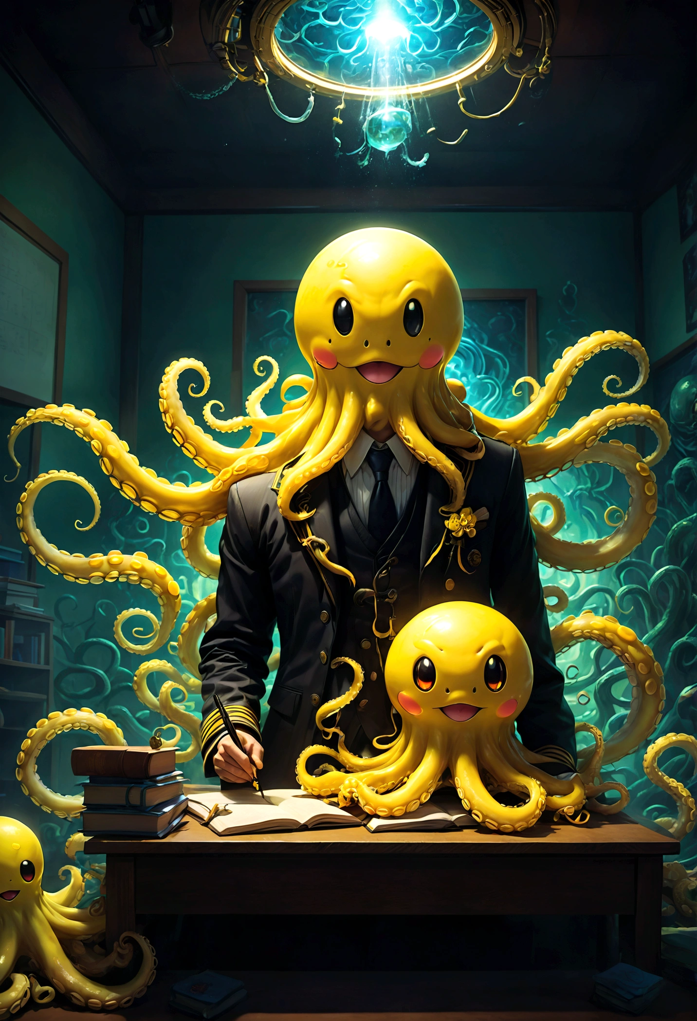 a man, Korosensei from "Assassination Classroom", Cthulhu tentacles, yellow teacher, yellow head, yellow octopus, smile face, Classroom, school, dramatic composition, cinematic dynamic action scene, vibrant colors, cinematic lighting, dramatic lighting, best quality, masterpiece, very aesthetic, perfect composition, intricate details, ultra-detailed