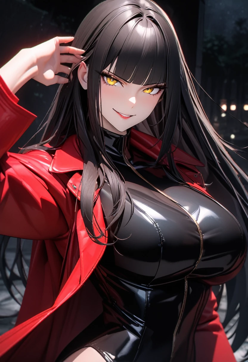 Mature woman, long black hair, straight bangs down, yellow eyes, black outfit, (red overcoat), beautiful, in the night, powerful, sexy woman, sadic smile, villain pose, 8k, high quality, full HD.