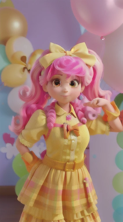 personagem mulher, baixa, rosto redondo, cor da pele clara, pink maria pigtail wig and yellow bow, olhos  marrom escuro, pink gloves on hand, vestido de princesa amarelo, com maquiagem colorida, tenis all star, colorful balloons background