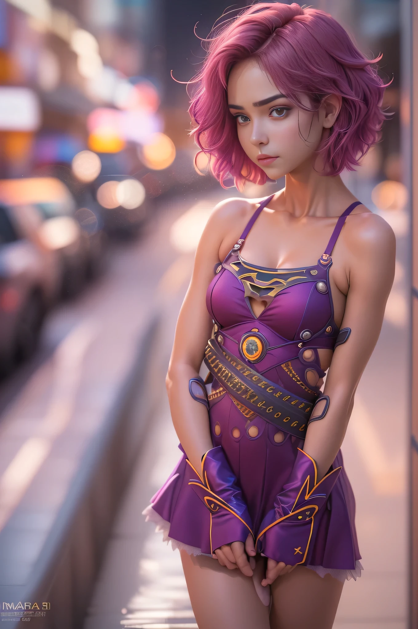 anime (superhero girl), insanely beautiful Alina Gorokhova photo, 16 years old, full body, top angle, body curves, navel, miniskirt, smooth creamy skin, beautiful maroon eyes, Beautiful facial details, bare stomach, bare shoulders, cleavage, bondage straps, short purple pixie hair cut.
((Manhattan background) )), low angle medium shot, greedy and attractive, amazingly, sad expression, gorgeous, vivid emotion, peach fluff, symmetrical circular iris, natural Glitter makeup, detailed moisture, detailed droplets, detailed intricate hair strands, 
DSLR, reflected in raytraced, Pino Deni, Larry's Bud Melmann, symmetrical face and body, CGsociety, Gottfried Hernwein and Irakli Nadal, eye reflections, ultra sharp focus, Unreal Engine 5, VFX, film photography, extreme detail, Ultra HD, post-processing, post-production, 
single face, Tanvir Tamim, ultra-realistic photography, Shot with Hasselblad X1D-50c, ISO 100, bokah