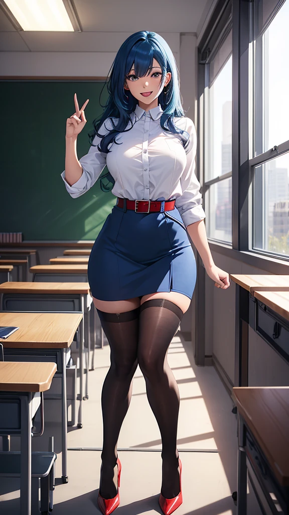 Beautiful woman, energetic woman, standing, full body, blue hair, works language interpreter, masters many languages, dressed in white with red teacher, writes on blackboard, open window, classroom with lots of lighting, woman smiling, dark stockings, red belt, green earrings, open mouth smiling, large hair, heels