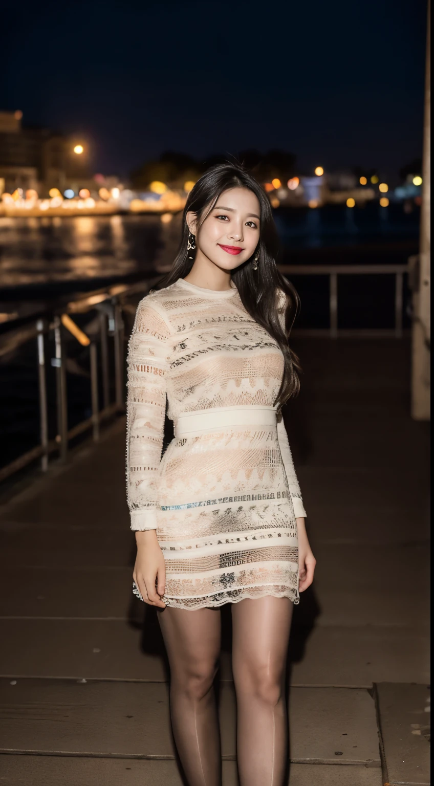(RAW photos:1.2), (Reality:1.4),Beautiful and delicate woman,Very detailed eyes and face, Delicate eyes, Extremely detailed,high resolution, The content is very detailed,Best quality,Implications,Unite,8k wallpaper,masterpiece,Best quality,1 Girl,hands crossed at waist,Smile,Standing on the pier,Boat in the water, Long sleeve连衣裙, coat,Exterior,Lace pantyhose,ear nipple ring,Jewel-like,High heel,Looking at the audience,black hair,Full Body Love,stand up,Printed dress,Long sleeve,Long gray hair,night,Brown eyes,Street corner,Vague