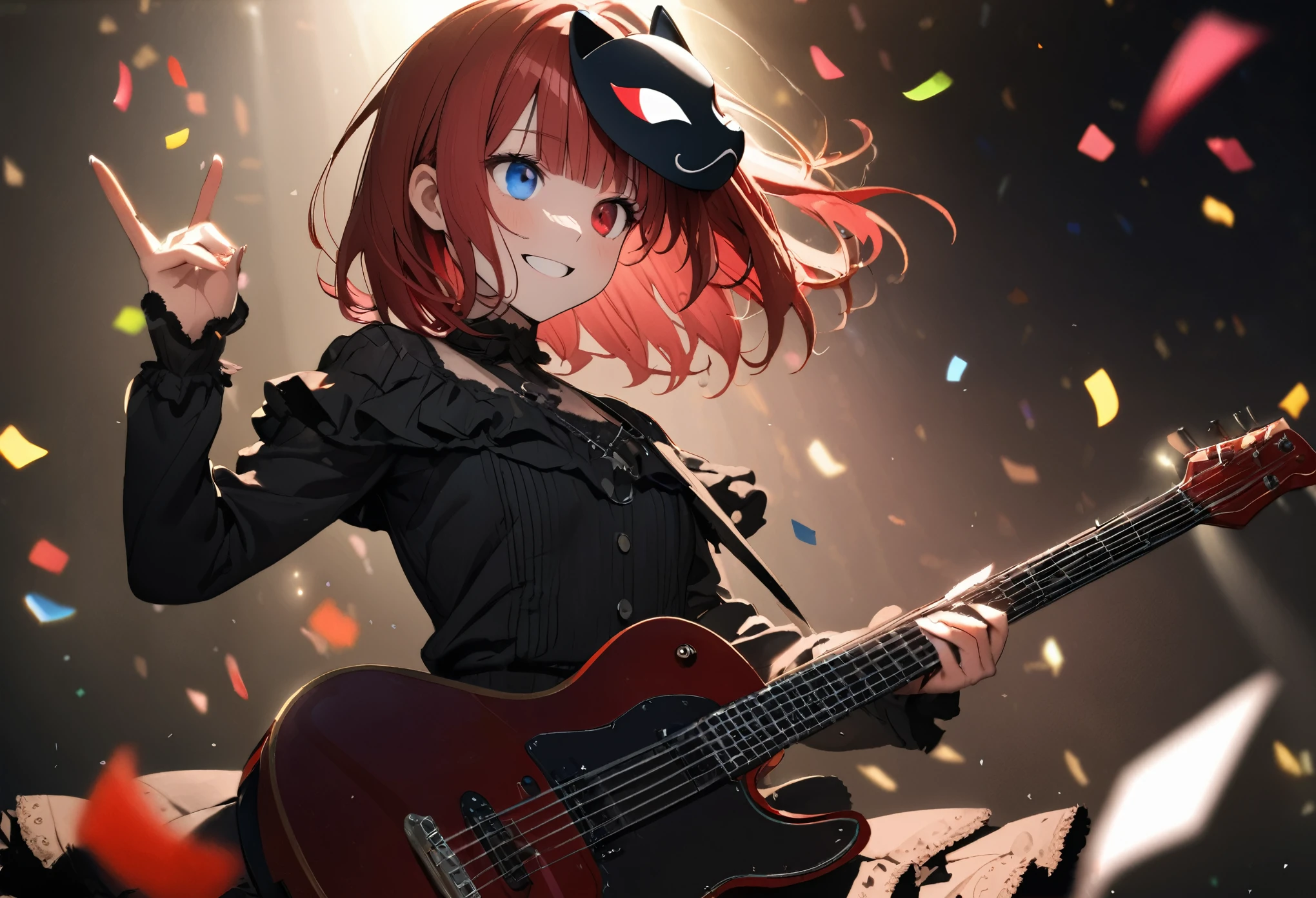 (8K, best quality, master piece: 1.2), super high resolution,((((heterrochromia, red eye,blue eye)))),1 idol,solo,ultra-detailed face, detailed eyes,heterrochromia, red eye,blue eye, sweater with red shoulders, girl, ,((Wearing a white cat mask on the head)),Singing,choker with black keyhole around neck,Playing an red electric guitar,(red hair),Red and black lolita fashilack punk boots,short hair,straight hair,blunt bangs,smile,Concert Hall,Rim light,Detailed hand and fingers,Dynamic Pose,(confetti:1.3)