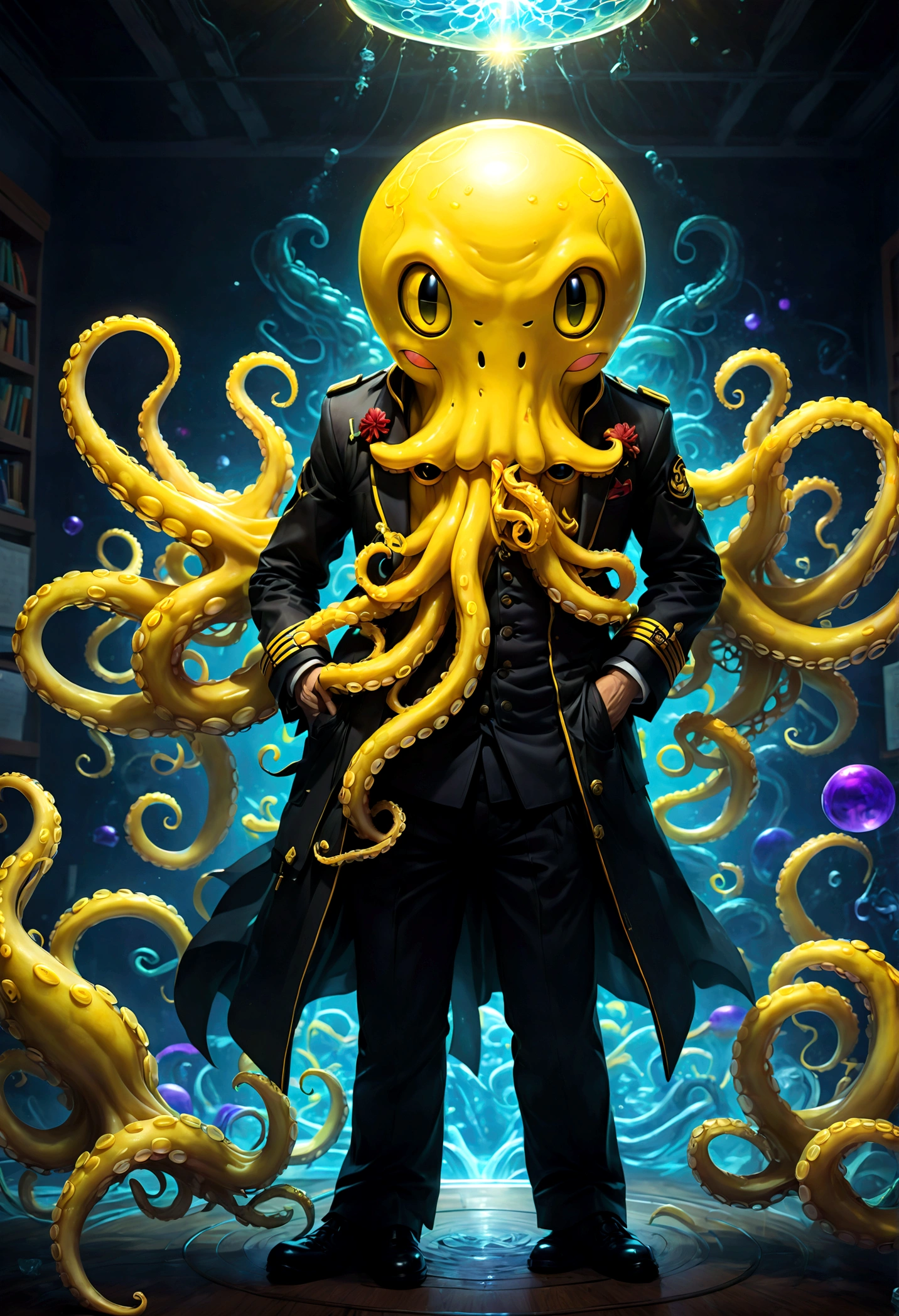 a yellow octopus, Korosensei from "Assassination Classroom", Cthulhu tentacles, teacher, mortarboard, yellow body, yellow head, smile face, Classroom, school, dramatic composition, cinematic dynamic action scene, vibrant colors, cinematic lighting, dramatic lighting, best quality, masterpiece, very aesthetic, perfect composition, intricate details, ultra-detailed