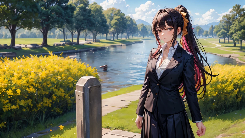 1girl, ((full body)), solo, summer, village, trees, sun, clouds, ((colorful hair)), long hair, curly hair, ponytail, large breasts, ((black blazer)), button down shirt, ((white shirt)), ((short sleeved shirt)), ((unbuttoned shirt)), unbuttoning buttons, cleavage 1:3, brown eyes, skirt, smile, looking at the viewer, standing, hair ribbon, golden necklate