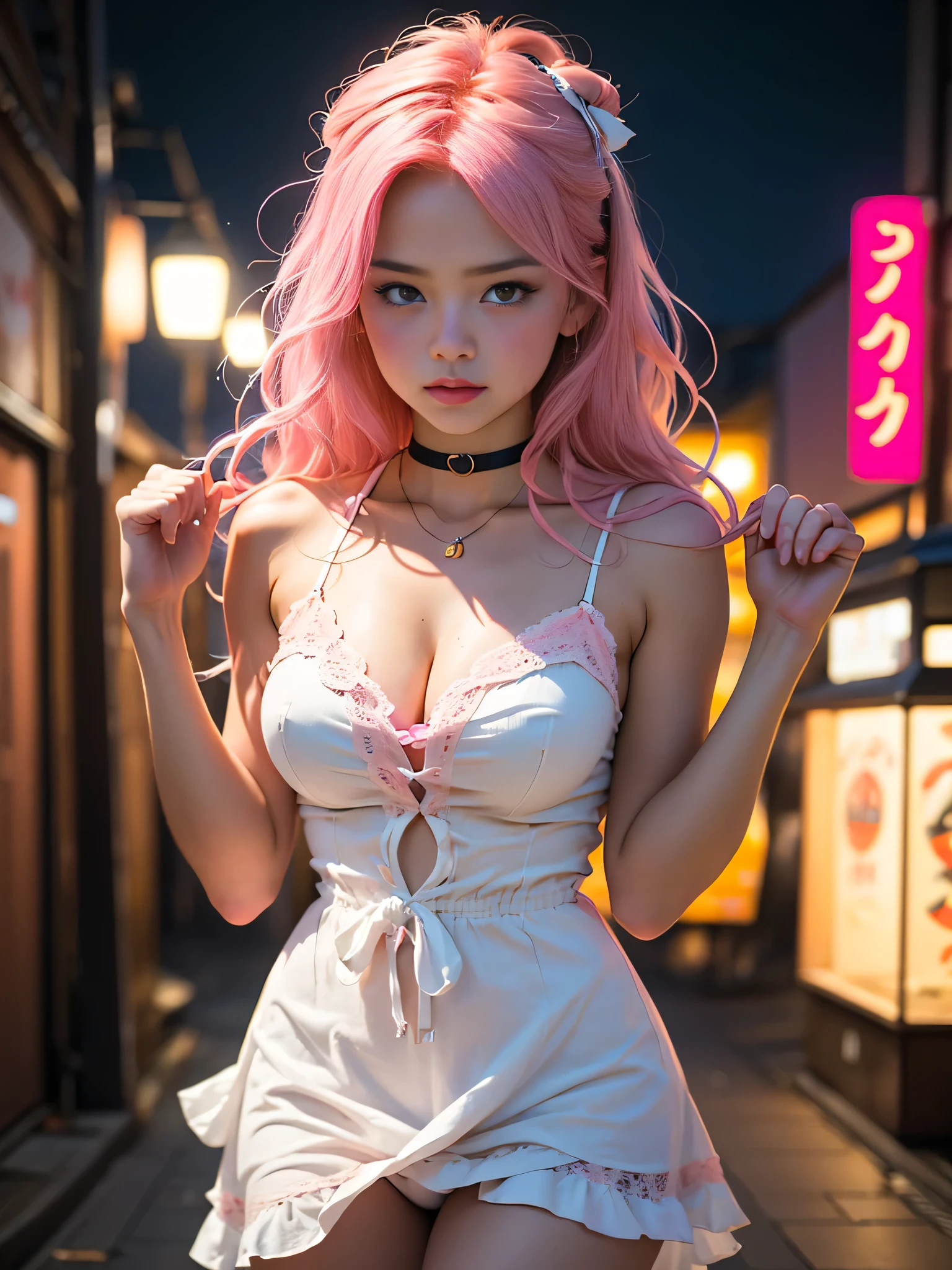 Cute super delicate European girl in a ta dress with pink hair. Utra high image quality, tokyo at night background, blurry, bokah. Dark lighting, low key lighting, dark and gritty, nsfw, large breasts, cleavage, sexy pose, sexy expression