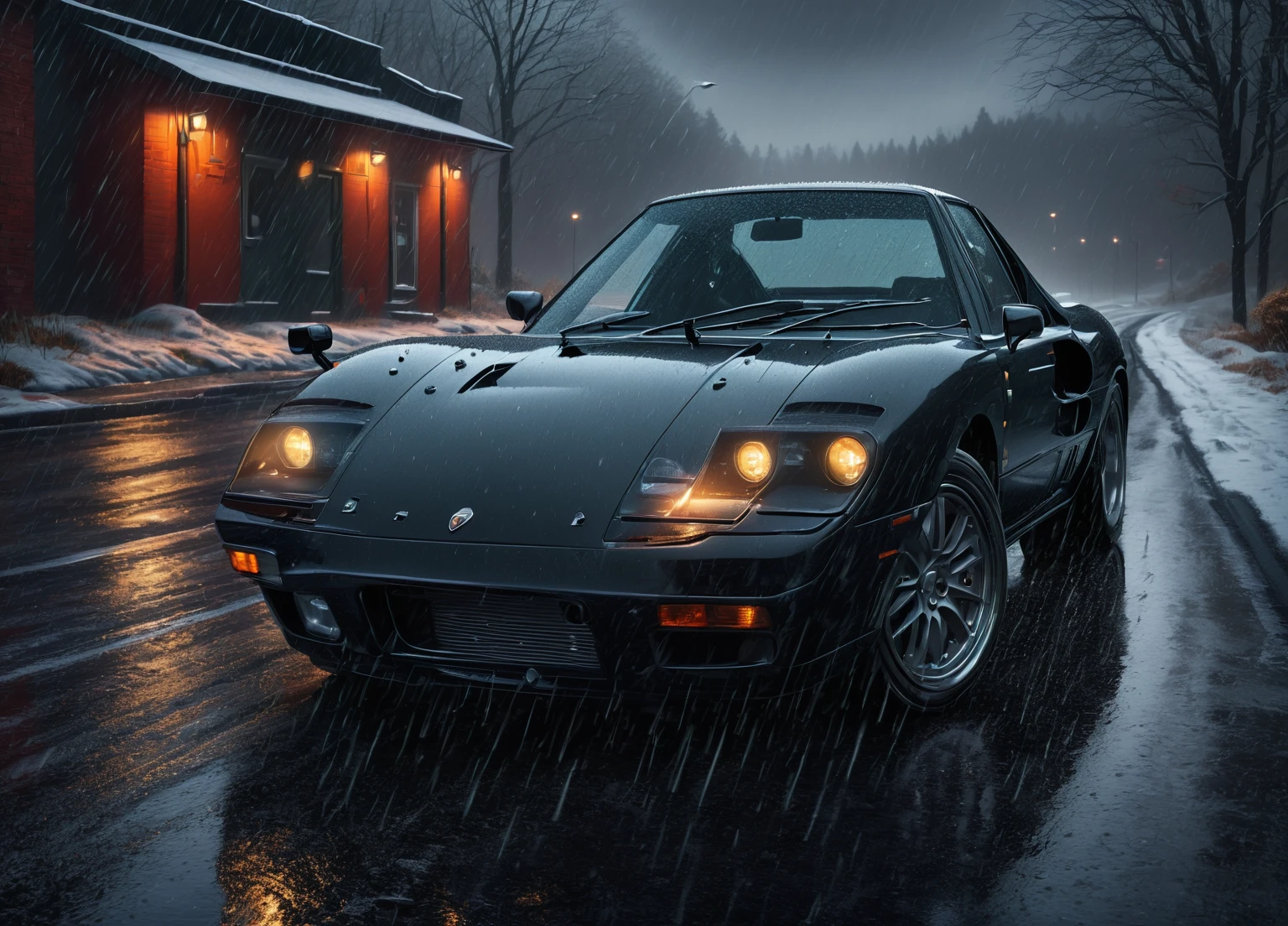 a car on a road, outside, evil, detailed nature background, professional, realistic, high quality, freezing rain and sleet, detailed car, dramatic lighting, cinematic composition, intricate details, moody atmosphere