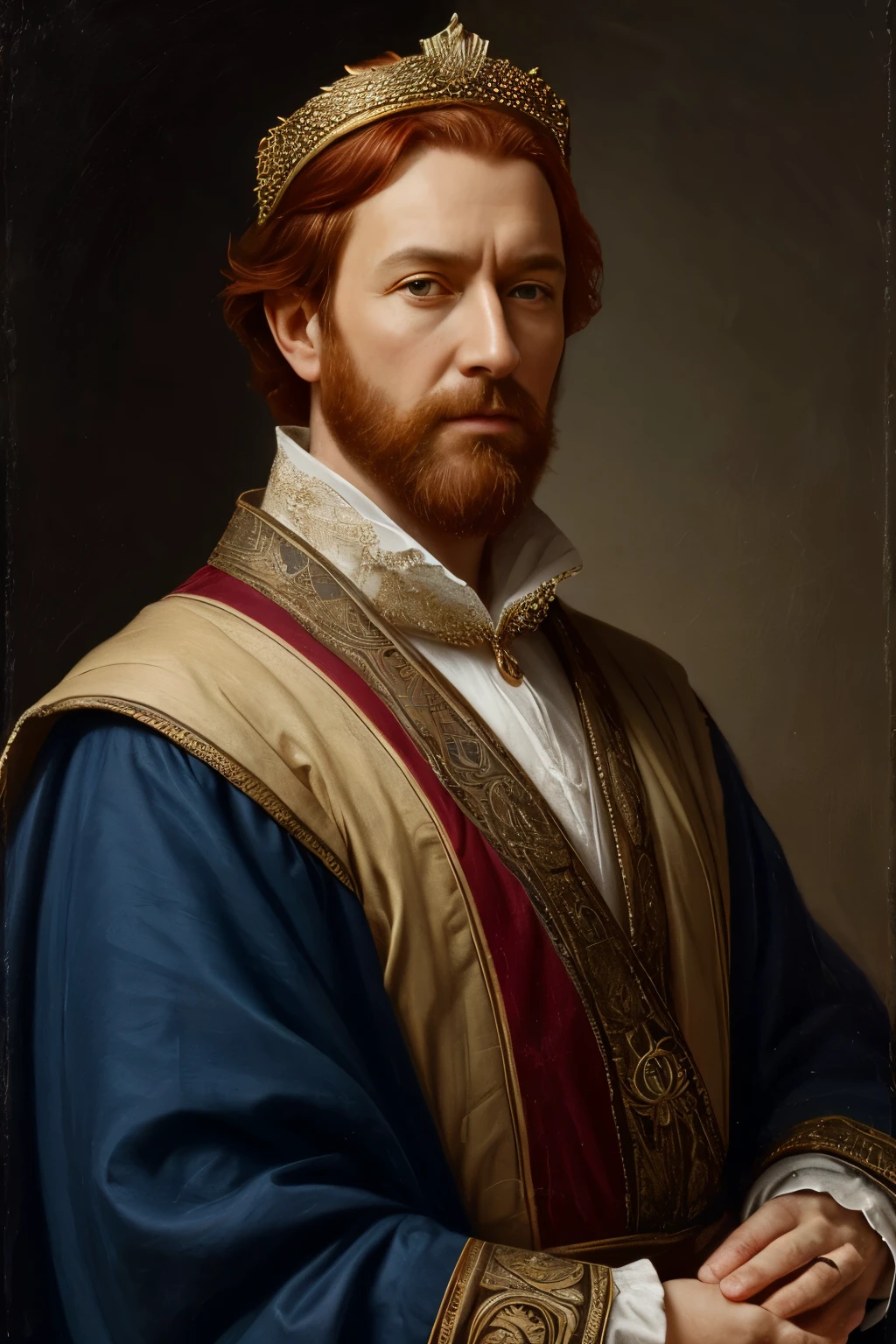 Arafed woman with a blue crown and robe, red-haired and graying medieval king, red-haired beard, thinning beard, age 50 years, short hair, portrait of emperor of humanity, highly detailed character, painted in high resolution.