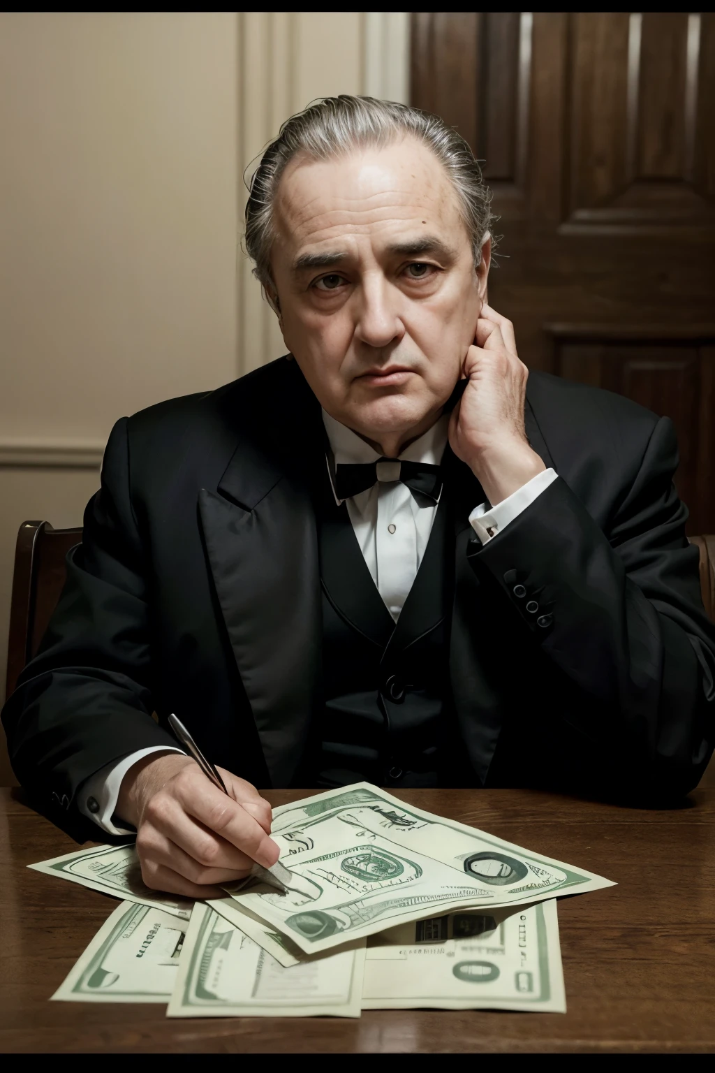 don vito corleone behind a table behind a table completely full of dollar bills wearing a black suit
