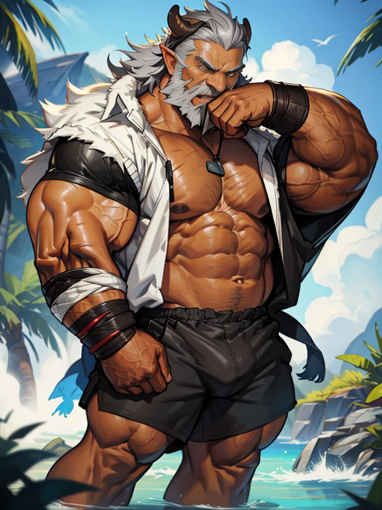 A burly, virile, and hairy dragon, exuding the irresistible charm of a himbo muscle daddy. His middle-aged features, adorned by a long, bushy beard and a thick mustache, reveal a life of experience and adventure. His body, sculpted into a warrior's build and a bodybuilder's physique, is a testament to his unyielding dedication to physical fitness. The hair on his chest and belly forms a carpet of thick fur, while his hairy arms and legs are adorned with a natural, untamed layer of hirsute. Every muscle on his overmuscular and musclebound frame is defined and bulging, veins pulsing beneath the surface, hinting at his incredible strength. Despite his advanced age, his grey hair only adds to his handsome and dreamy appearance.