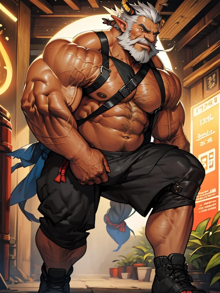 A burly, virile, and hairy dragon, exuding the irresistible charm of a himbo muscle daddy. His middle-aged features, adorned by a long, bushy beard and a thick mustache, reveal a life of experience and adventure. His body, sculpted into a warrior's build and a bodybuilder's physique, is a testament to his unyielding dedication to physical fitness. The hair on his chest and belly forms a carpet of thick fur, while his hairy arms and legs are adorned with a natural, untamed layer of hirsute. Every muscle on his overmuscular and musclebound frame is defined and bulging, veins pulsing beneath the surface, hinting at his incredible strength. Despite his advanced age, his grey hair only adds to his handsome and dreamy appearance.