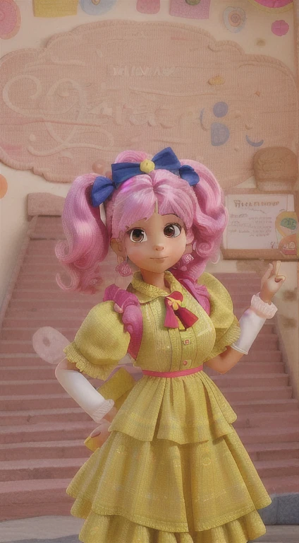 personagem mulher, baixa, rosto redondo, cor da pele morena clara, pink maria pigtail wig and yellow bow, olhos marrom escuro, pink gloves on hand, vestido de princesa amarelo, com maquiagem colorida, tenis all star, colorful balloons background