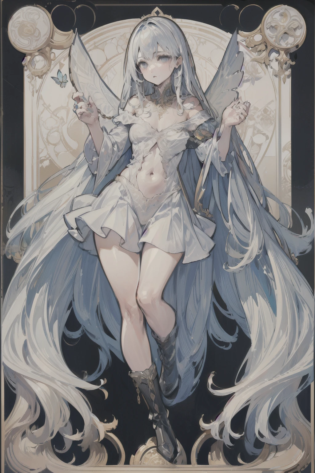((best quality)), ((masterpiece)), (detailed), 1girl, Character design, female, dynamic poses, long white grey hair, grey white eyes, very skinny, detailed, best quality, no accesoires around the neck, no shoes, prominent collarbones, skinny arms, flat stomach, visible hip bones, full body, blank white background, plain background, white background, red and white clothing, Bloodborne inspired, occult aesthetic, occult, detailed and intricate steampunk and detailed gothic, NSFW, Very dramatic and cinematic lighting, cosmic horror, grim-dark, side-lighting, perfect face, NSFW, Fluttering lace flared long knee length dress with frilly petticoats, knee length dress, pleated petticoats, petticoats gothic, complex lace boots, side-lighting, gothic aesthetic, wielding a mighty sword with mechanical components, mandalas, small breasts, a fairy, various different types of insect wings, NSFW, full body, whole body, body, plain background, white background, blank background, no background, white background NSFW, chains, full body, whole body, head-to-toe NSFW