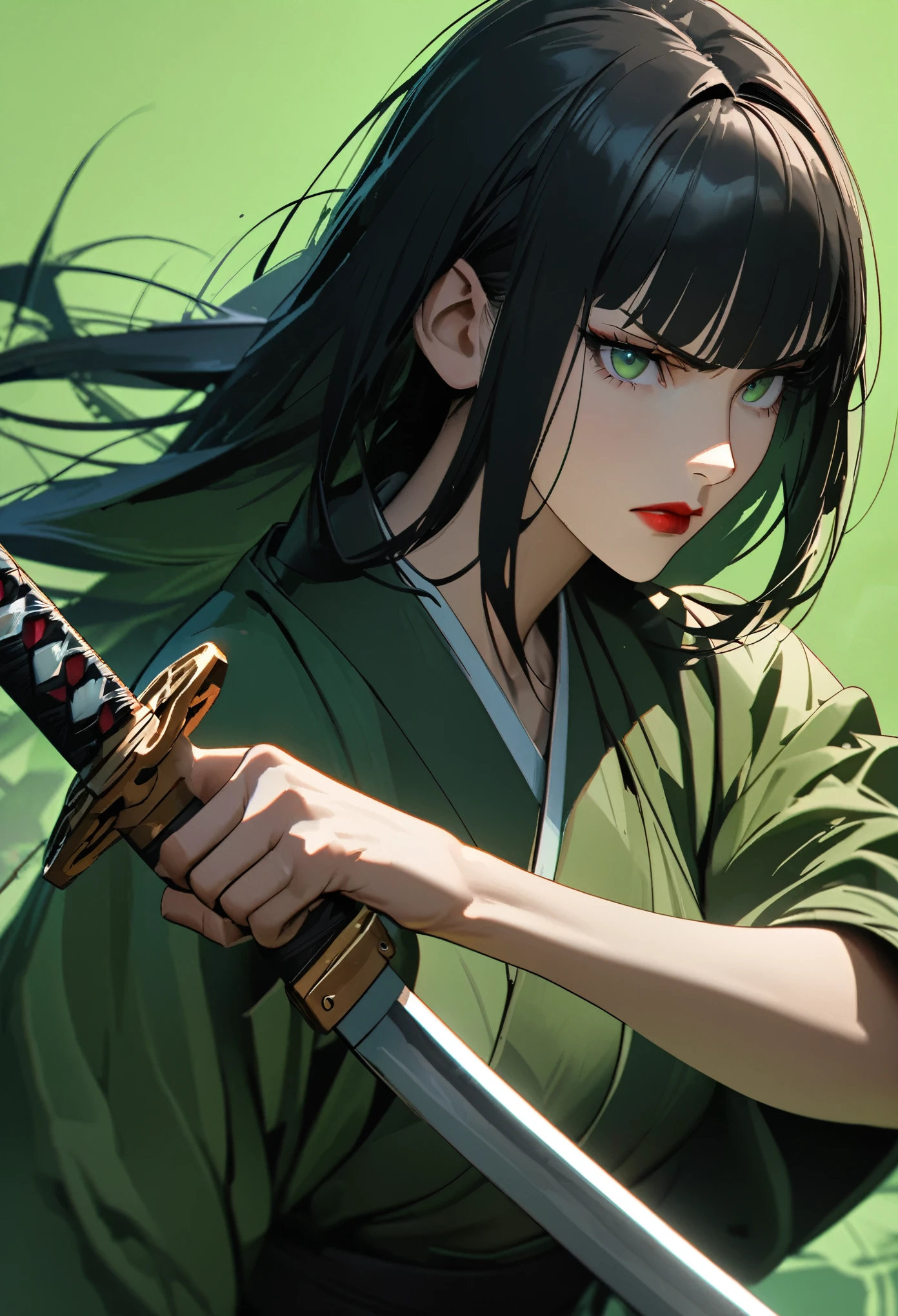 Mature woman, perfect anatomic draw, perfect eyes, long black hair, beautiful eyes, straight bangs down, green eyes, beautiful woman, green kimono, in the green background, red lips, serious face, serious woman, brave pose, fighting with a katana, 8k, high quality, full HD.