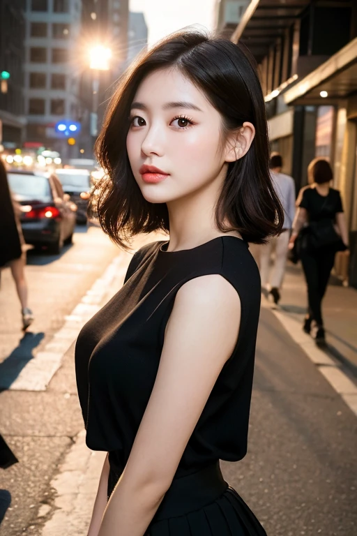 a gorgeous young korean lady with a soft, round face, large expressive eyes, long eyelashes, and delicate facial features, ample bosom, wearing a black top and short skirt, standing on a city street, highly detailed and realistic, 8k, masterpiece, masterful lighting, cinematic composition, photorealistic, volumetric lighting, vibrant colors, elegant, graceful, charming, bokeh