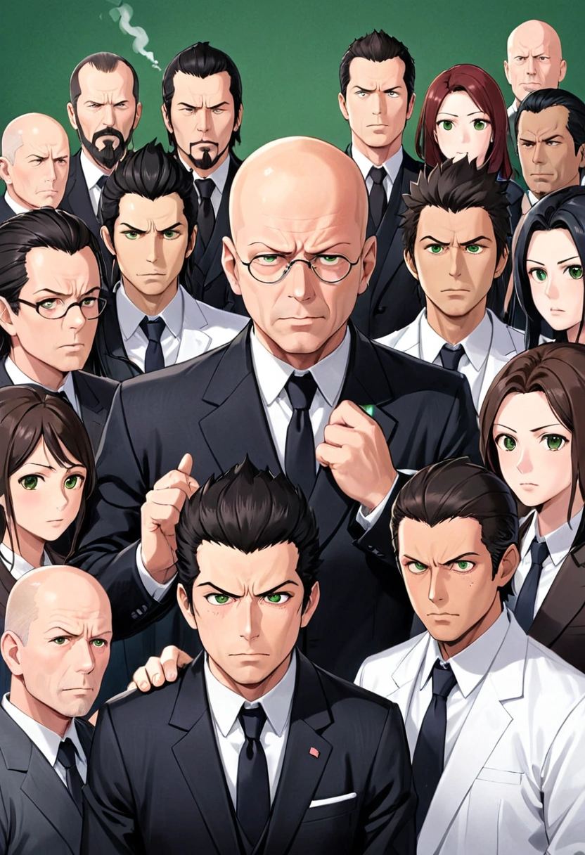 A group of employees at a factory in Japan, made up of 5 people, ((a fat Japanese descendant boss, with a clean face, 1;69 tall, and an angry face)), ((a white shaven-headed Brazilian with green eyes who looks like the actor Bruce Willis, with a smoker's face)), ((a Brazilian of Italian descent with very close-cropped hair, a beard and a long goatee 1; 70 tall and with a stressed-out look)), (( A short Brazilian of Japanese descent 1;67 tall with his hair combed to one side and wearing glasses, with a somewhat sleepy face)), (( A Brazilian of Japanese descent, a 29-year-old boy, 1;71 tall with his hair half shaved to one side and with a tuft combed to the right, with a somewhat relaxed look)). Everyone discussing and debating ways of working and a lot of stress.