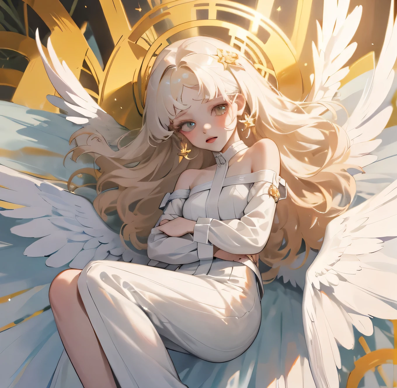 (high quality) (best quality) (a woman) (correct physiognomy) Woman, white hair with bangs on her forehead, four small angel wings coming out of her head, two on the left side and two on the right side, two angel wings coming out of her back, a golden halo behind her head, golden eyes, tender lips, middle age, white dress with straps on the shoulders, skirt cut diagonally leaving one leg exposed, location of the photo the woman must be in middle of the forest, photo lighting sunlight, full body proportion, showing in the photo the body from head to torso