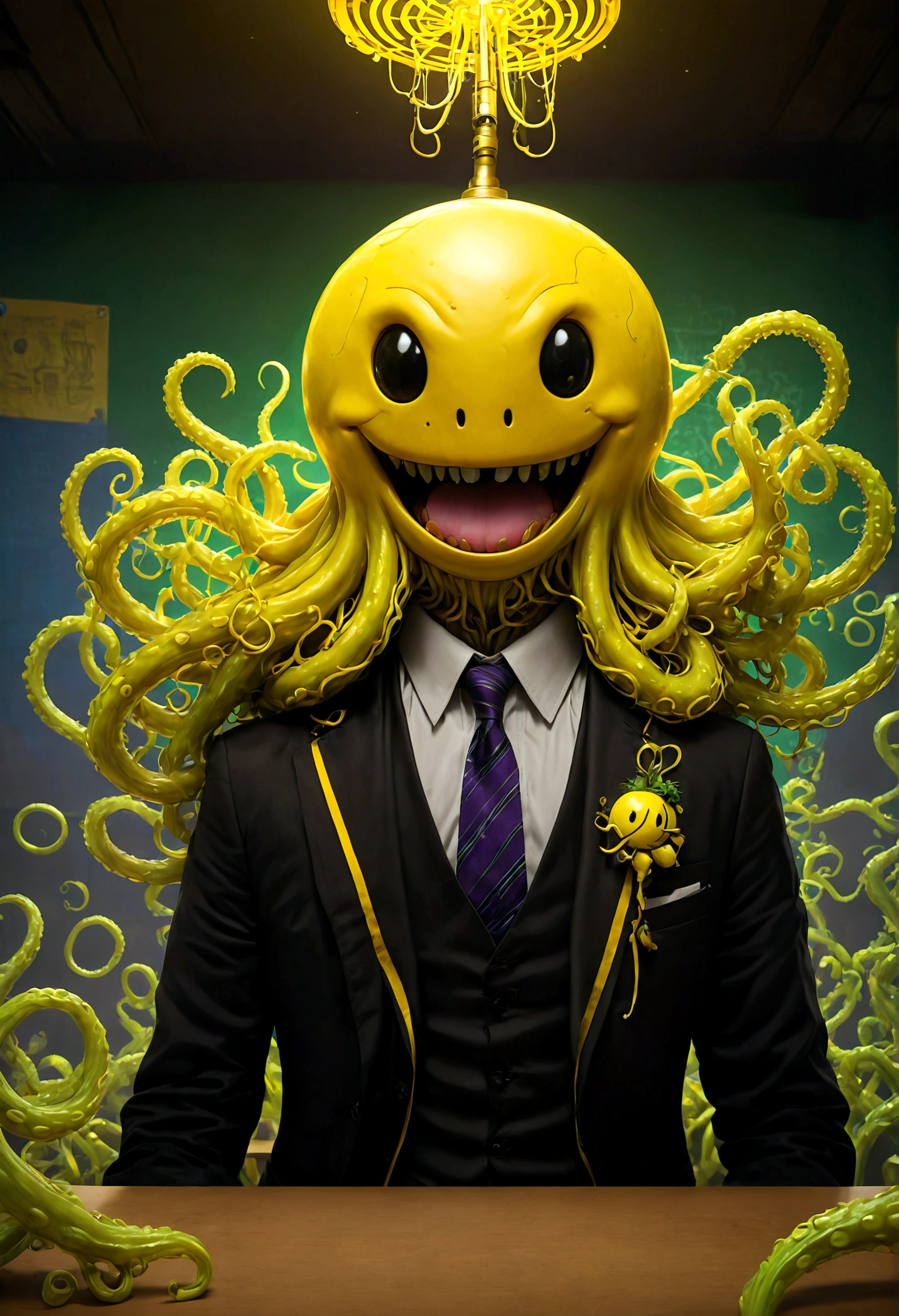 Korosensei from "Assassination Classroom", Cthulhu tentacles, teacher, mortarboard, yellow body, yellow head, smile face, Classroom, school, dramatic composition, cinematic dynamic action scene, vibrant colors, cinematic lighting, dramatic lighting, best quality, masterpiece, very aesthetic, perfect composition, intricate details, ultra-detailed