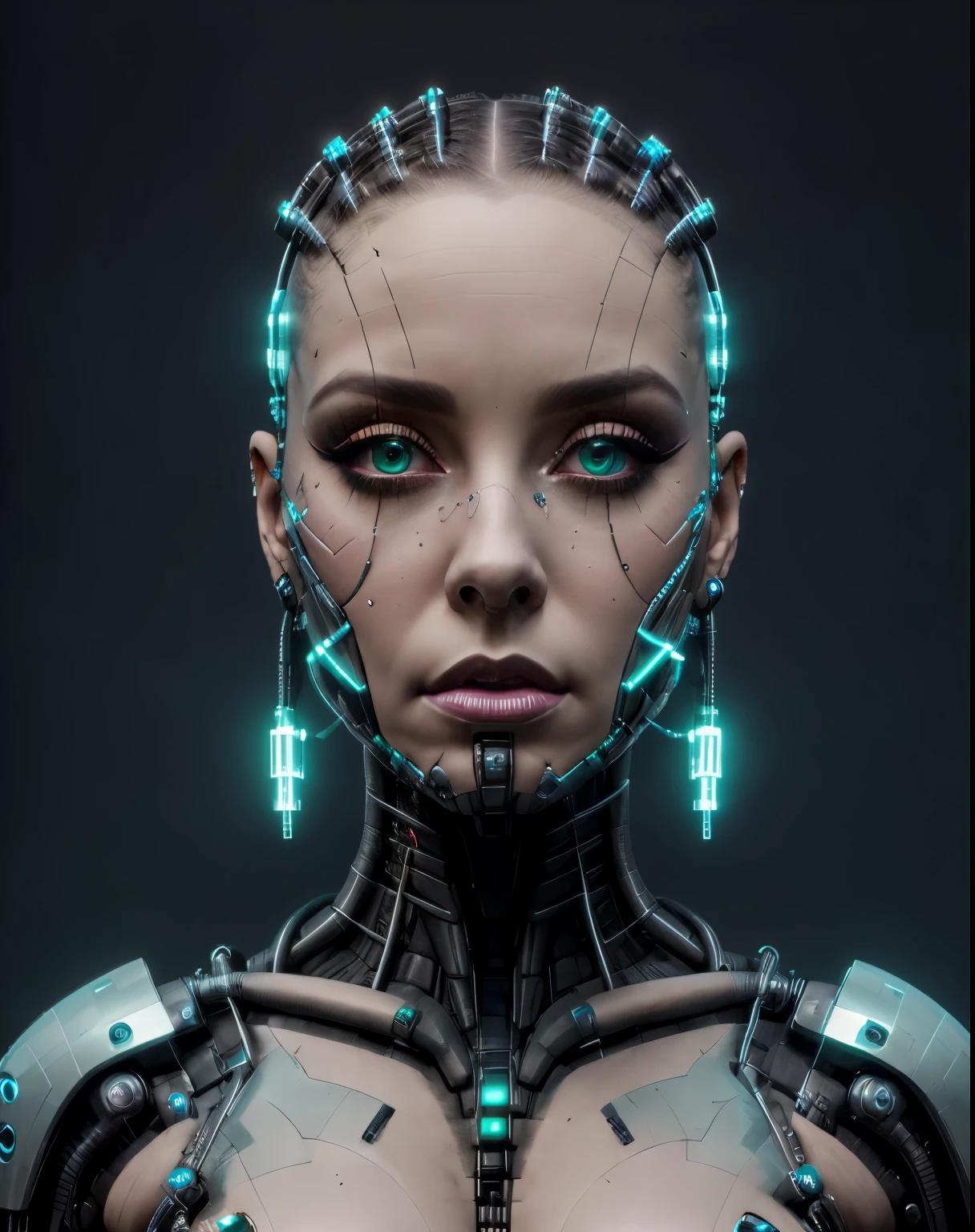 solo, looking_at_viewer, simple_background, green_eyes, artist_name, aqua_eyes, lips, makeup, robot, black_background, portrait, science_fiction, realistic, android, joints, bald, cyborg, robot_joints, cyberpunk, humanoid_robot , 