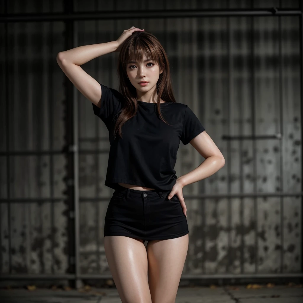 masterpiece, best quality, hyperrealistic, cinematic photo,  woman, pale skin, irish amazing slim body, black sport top, thight yoga shorts, cameltoe, wavy auburn hair, large legs, perfect hands, beautiful face, perfect face, youthful, (blured background), modern style, from below, (low-angle shoot), underneath shot, standing,low_angle_human, (view viewer), looking at viewer, (8k, epic composition, photorealistic, sharp focus), sophisticated background, backyard background, DSLR, foil grain, backlight