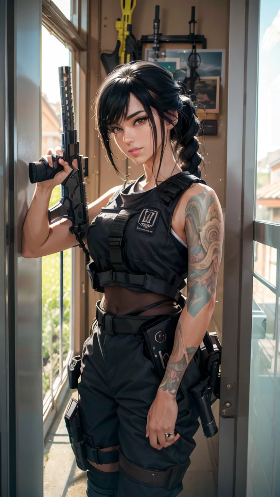 (obra maestra:1.2), Alex Zedea, mejor calidad, foto de una hermosa agente secreto, sexy, obsena, cebello negro, 30 years, usando ropa muy atrevida, (en armas militares 3.1), nubes oscuras, Photorealista, Hyperrealista, hiperdetallado, analog style, cadera ladeada, recatado, Corte bajo, piel detallada, piel mate, soft lighting, subsurface dispersion, realista, sombra pesada, obra maestra, mejor calidad, ultra realista, 8K, golden ratio, Intrincado, alto detalle, film photography, enfoque suave