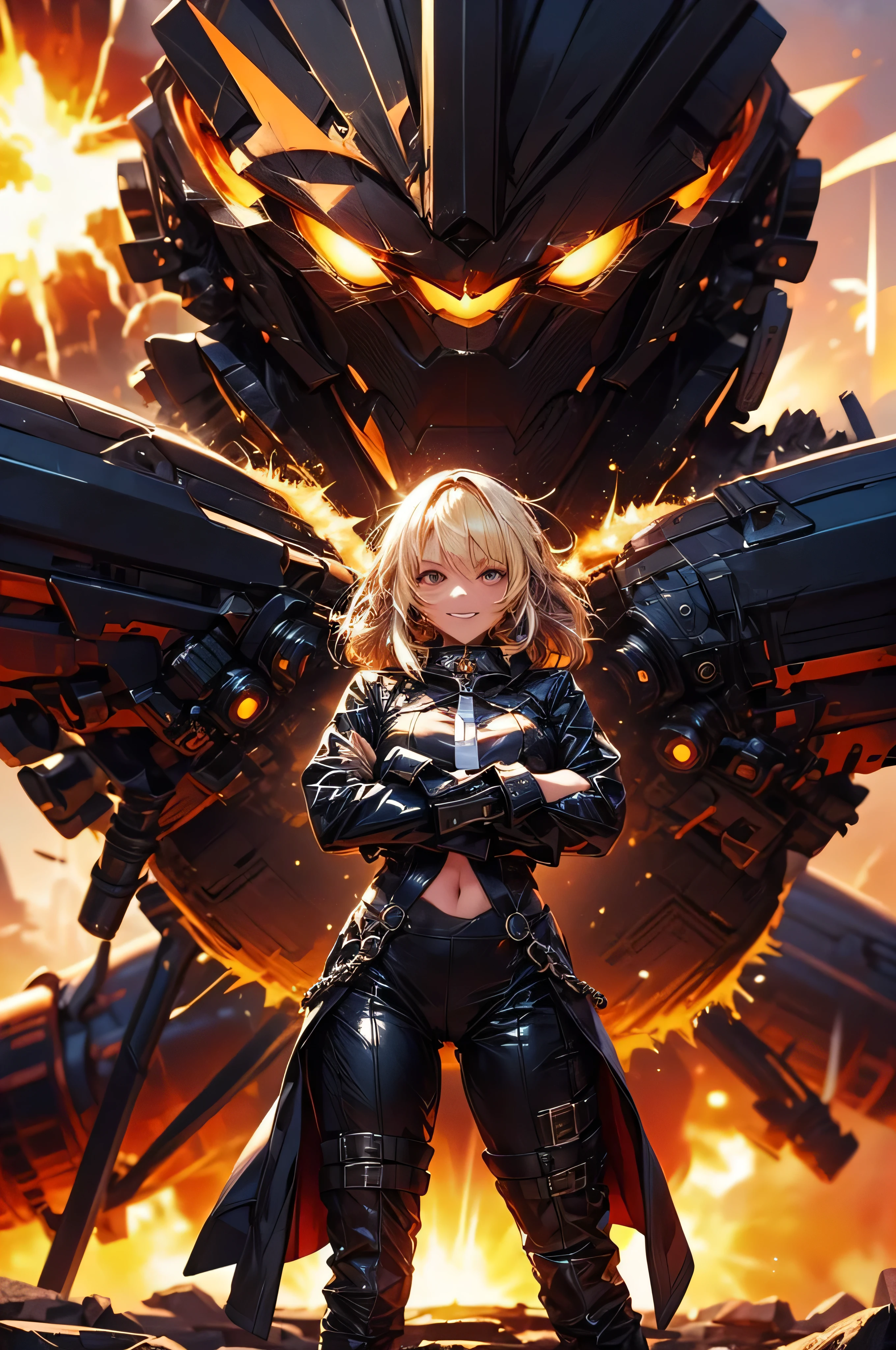 ((blade outfit:1.5)),(((explosion behind:1.5))), ((fold your arms)),((highest quality, 8K, masterpiece: 1.3))), sharp focus: 1.2, beautiful woman with perfect figure: 1.4, thin abs: 1.2, ((blonde layered cut, big: 1.2)), wet body: 1.5, Highly detailed face and skin texture, fine eyes, double eyelid,Thighs that are not too thick, chain collar,black long coat, from below, smile a little,Navel exposed,Two legs,Two arms,toned thighs,open legs,Are standing,