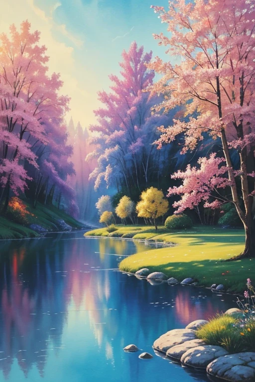 The canvas explodes with a vibrant and dynamic blend of colors, and the brushstrokes are thick and bold. In the center, a delicate watercolor paint catches the eye. It's a watercolor painting depicting a wild and whimsical landscape, with a serene lake and a mystical garden. The painting is described in a drybrush, and the cursive brushstrokes are delicate and striking as it evokes the essence of swirling colors. The strokes are sharp and precise, while the colors are so vivid that they seem to flow with a gentle, mesmerizing intensity. The painting is a celebration of the beauty and harmony of magic, adding to its enchanting atmosphere.