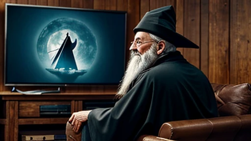 epic happy excited bearded old wizard and pointy hat watching television, mago em estilo barroco de pintura, estilo de pintura antiga pinceladas aparentes dark fantasy