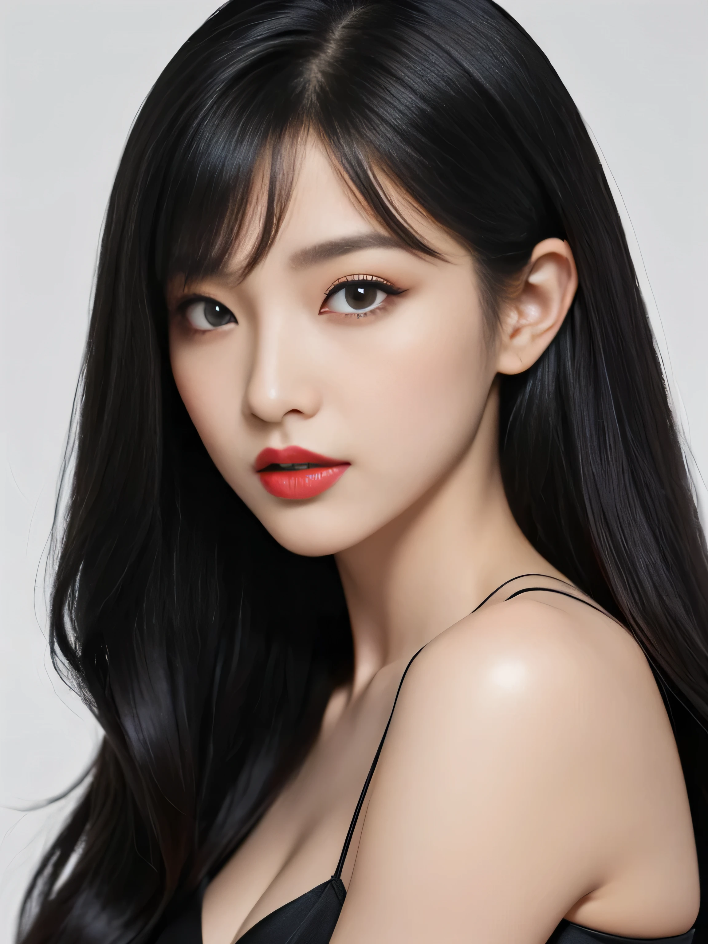 1 Female(Close up of her face:1.5!!!)　(She turns to the viewer and laughs so wonderfully!!!!!)　((highest quality))　((masterpiece))　(Familiar)　(Get used to it)　(White wall background!!!!!)　(The most beautiful and sensual 24-year-old cosmetics model in Japan)　(Her bangs are neatly trimmed and worn straight down.:1.5)　(Very shiny and voluminous, Very straight!!!　The highest quality and most detailed, incredibly long, jet black hair hangs down widely on both ends of the body.　Her highest quality and highest detail of ridiculously long everlasting extraordinarily long jet black hair is very long hair!!!　Her beautiful jet black hair is very long!!!　Her hair is very black!!!　length, Shiny black hair, black silky hair, detailed length black hair, length black straight hair, long Straight black hair, length black hair, 太くShiny black hair, length black hair, Straight black hair, length and free straight black hair, Perfect Silky Straight Hair, Extra Dark Natural Black Hair, very length black hair)　(She received a beautiful make-up done by a professional make-up artist...　Exquisite texture:1.4　Bright red lipstick　Beautiful black eyeliner)　(She is wearing a shiny random color silk camisole dress.)　Perfect Woman&#39;face　(She has a typical Japanese build and skin color..., Her skin is very high quality and ultra high definition.、very beautiful and glowing skin)　(Her face is dignified and sexy)（She applied sexy makeup with the help of a professional makeup artist....　Lipstick is bright red　The eyeliner is a beautiful black)　(She has a typical Japanese build and skin color　Her skin is very delicate and sensitive..、and、Such beautiful and radiant skin)　((Her face shape is thinner than average:1.4))　((Her eyes are larger than average:1.6))　((Her eyes are wider than average:1.6))　((Her eyebrows are very thin:1.8))　((Rich 1.4))　(Extremely detailed 8K)　(Ultra-fine skin texture 1.4)　(Actual, Vibrant:1.4), 　Sharp focus:1.2、Beautiful woman:1.4　Dynamic Lighting　(Genuine RAW photos taken by professional photographers)　very beautiful and glowing skin)　(Surreal photos by professional photographers :1.2)　