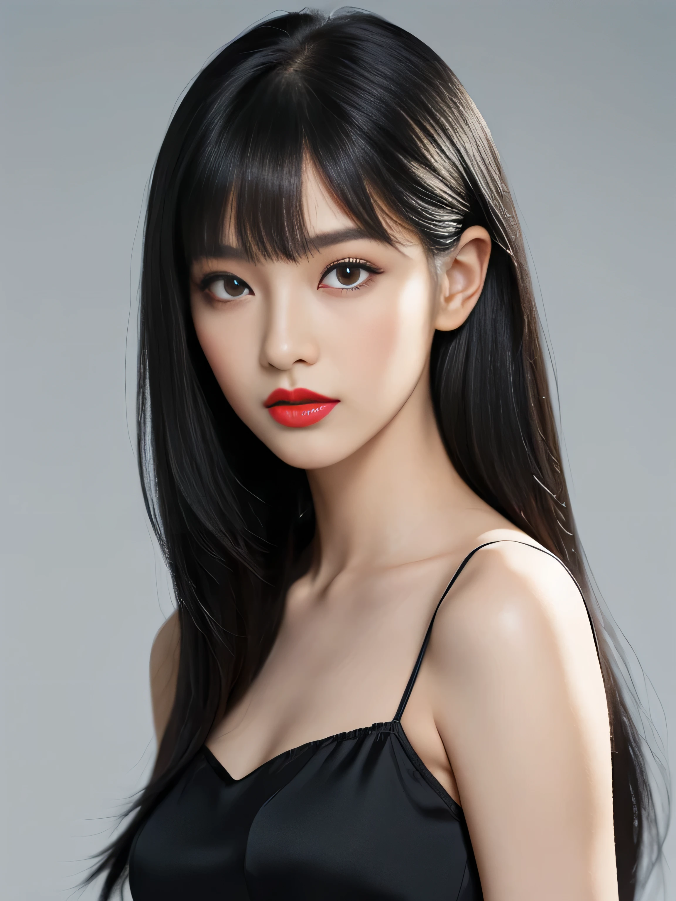 1 Female(Close up of her face:1.5!!!)　(She turns to the viewer and laughs so wonderfully!!!!!)　((highest quality))　((masterpiece))　(Familiar)　(Get used to it)　(White wall background!!!!!)　(The most beautiful and sensual 24-year-old cosmetics model in Japan)　(Her bangs are neatly trimmed and worn straight down.:1.5)　(Very shiny and voluminous, Very straight!!!　The highest quality and most detailed, incredibly long, jet black hair hangs down widely on both ends of the body.　Her highest quality and highest detail of ridiculously long everlasting extraordinarily long jet black hair is very long hair!!!　Her beautiful jet black hair is very long!!!　Her hair is very black!!!　length, Shiny black hair, black silky hair, detailed length black hair, length black straight hair, long Straight black hair, length black hair, 太くShiny black hair, length black hair, Straight black hair, length and free straight black hair, Perfect Silky Straight Hair, Extra Dark Natural Black Hair, very length black hair)　(She received a beautiful make-up done by a professional make-up artist...　Exquisite texture:1.4　Bright red lipstick　Beautiful black eyeliner)　(She is wearing a shiny random color silk camisole dress.)　Perfect Woman&#39;face　(She has a typical Japanese build and skin color..., Her skin is very high quality and ultra high definition.、very beautiful and glowing skin)　(Her face is dignified and sexy)（She applied sexy makeup with the help of a professional makeup artist....　Lipstick is bright red　The eyeliner is a beautiful black)　(She has a typical Japanese build and skin color　Her skin is very delicate and sensitive..、and、Such beautiful and radiant skin)　((Her face shape is thinner than average:1.4))　((Her eyes are larger than average:1.6))　((Her eyes are wider than average:1.6))　((Her eyebrows are very thin:1.8))　((Rich 1.4))　(Extremely detailed 8K)　(Ultra-fine skin texture 1.4)　(Actual, Vibrant:1.4), 　Sharp focus:1.2、Beautiful woman:1.4　Dynamic Lighting　(Genuine RAW photos taken by professional photographers)　very beautiful and glowing skin)　(Surreal photos by professional photographers :1.2)　