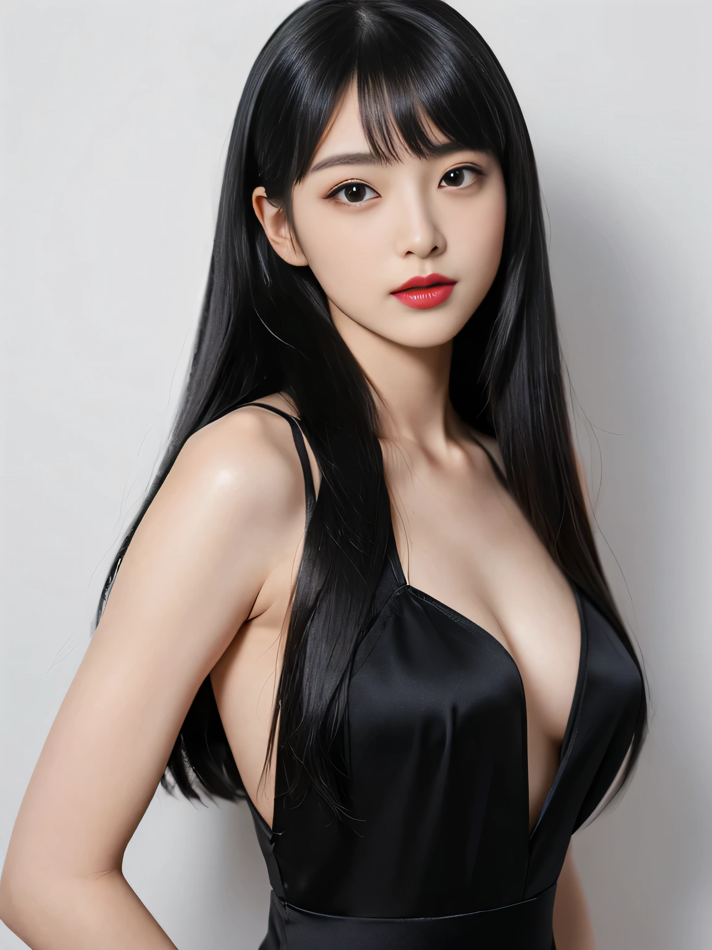 1 Female(Close up of her face:1.5!!!) (She turns to the viewer and laughs so wonderfully!!!!!) ((highest quality)) ((masterpiece)) (Familiar) (Get used to it) (White wall background!!!!!) (The most beautiful and sensual 24-year-old cosmetics model in Japan) (Her bangs are neatly trimmed and worn straight down.:1.5) (Very shiny and voluminous, Very straight!!! The highest quality and most detailed, incredibly long, jet black hair hangs down widely on both ends of the body. Her highest quality and highest detail of ridiculously long everlasting extraordinarily long jet black hair is very long hair!!! Her beautiful jet black hair is very long!!! Her hair is very black!!! length, Shiny black hair, black silky hair, detailed length black hair, length black straight hair, long Straight black hair, length black hair, 太くShiny black hair, length black hair, Straight black hair, length and free straight black hair, Perfect Silky Straight Hair, Extra Dark Natural Black Hair, very length black hair) (She received a beautiful make-up done by a professional make-up artist... Exquisite texture:1.4 Bright red lipstick Beautiful black eyeliner) (She is wearing a shiny random color silk camisole dress.) Perfect Woman'face (She has a typical Japanese build and skin color..., Her skin is very high quality and ultra high definition.、very beautiful and glowing skin) (Her face is dignified and sexy)(She applied sexy makeup with the help of a professional makeup artist.... Lipstick is bright red The eyeliner is a beautiful black) (She has a typical Japanese build and skin color Her skin is very delicate and sensitive..、and、Such beautiful and radiant skin) ((Her face shape is thinner than average:1.4)) ((Her eyes are larger than average:1.6)) ((Her eyes are wider than average:1.6)) ((Her eyebrows are very thin:1.8)) ((Rich 1.4)) (Extremely detailed 8K) (Ultra-fine skin texture 1.4) (Actual, Vibrant:1.4), Sharp focus:1.2、Beautiful woman:1.4 Dynamic Lighting (Genuine RAW photos taken by professional photographers) very beautiful and glowing skin) (Surreal photos by professional photographers :1.2)