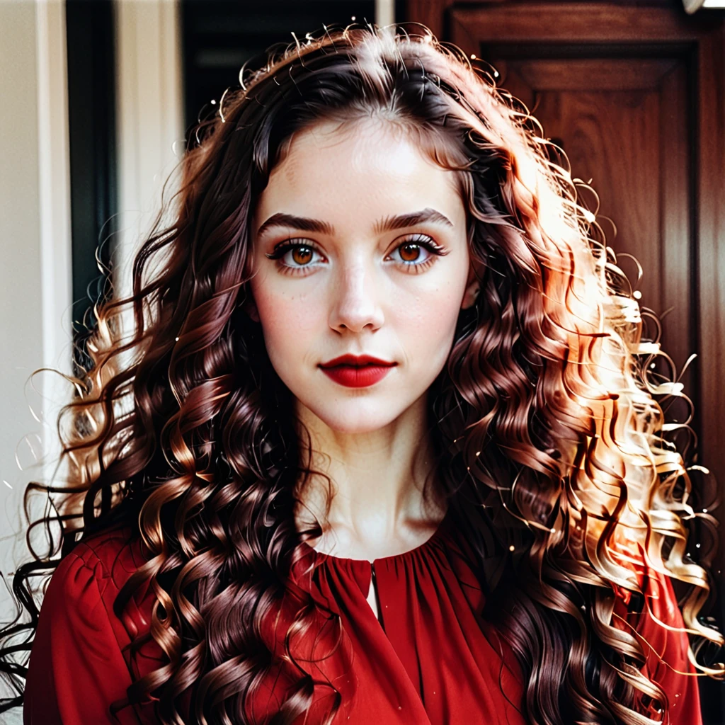 [white-skinned woman:1.2, long curly hair:1.2, elegant red dress, snub-nosed, bright brown eyes], portrait, VSCO filter: C8)