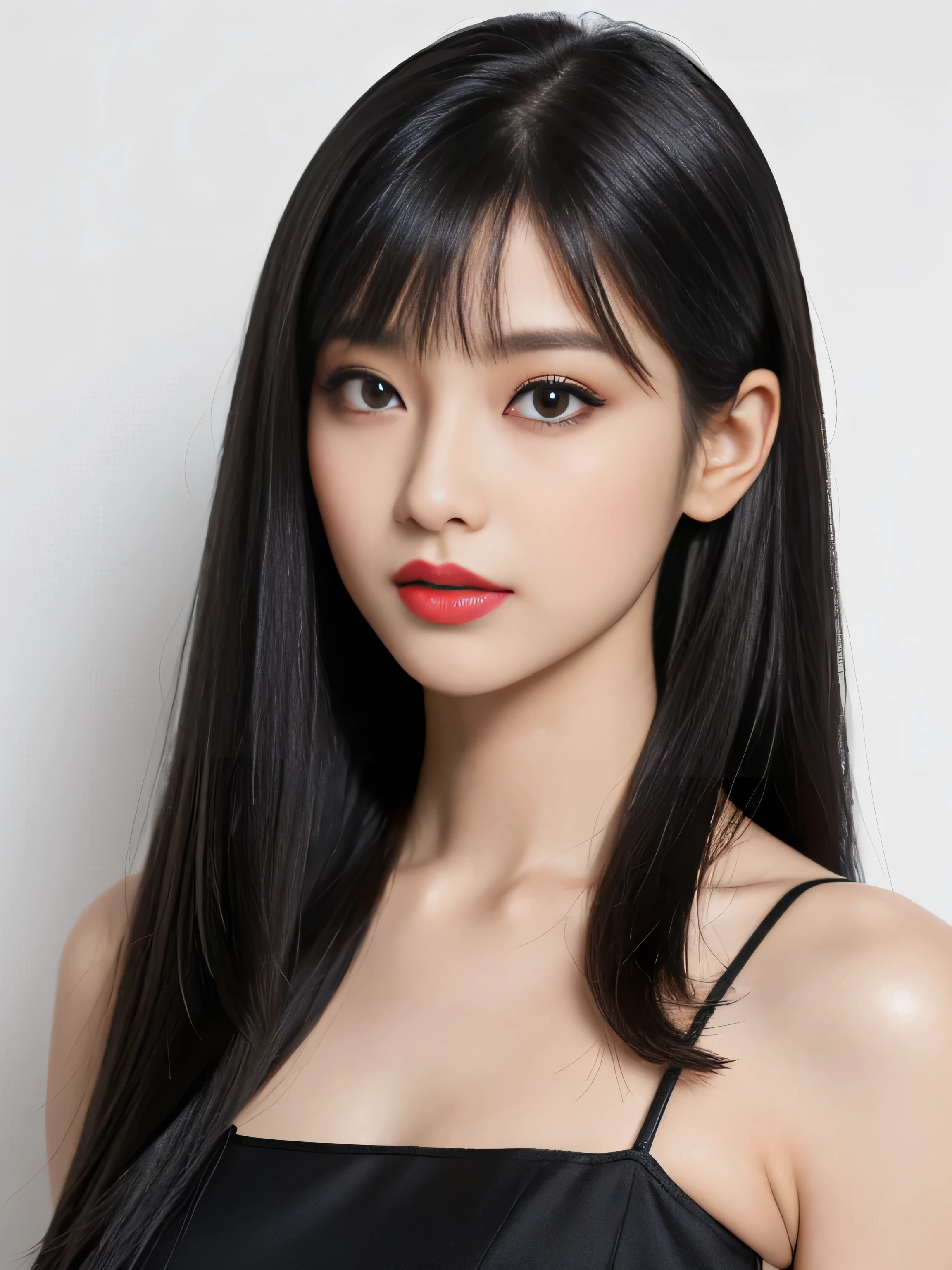 1 Female (Close up of her face!!!:1.5) (She turns to the viewer and laughs so wonderfully!!!!!) ((highest quality)) ((masterpiece)) (Familiar) (Get used to it) (White wall background!!!!!) (The most beautiful and sensual 24-year-old cosmetics model in Japan) (Her bangs are neatly trimmed and worn straight down.:1.5) (Very shiny and voluminous, Very straight!!! The highest quality and most detailed, incredibly long, jet black hair hangs down widely on both ends of the body. Her highest quality and highest detail of ridiculously long everlasting extraordinarily long jet black hair is very long hair!!! Her beautiful jet black hair is very long!!! Her hair is very black!!! length, Shiny black hair, black silky hair, detailed length black hair, length black straight hair, long Straight black hair, length black hair, 太くShiny black hair, length black hair, Straight black hair, length and free straight black hair, Perfect Silky Straight Hair, Extra Dark Natural Black Hair, very length black hair) (She received a beautiful make-up done by a professional make-up artist... Exquisite texture:1.4 Bright red lipstick Beautiful black eyeliner) (She is wearing a shiny random color silk camisole dress.) Perfect Woman'face (She has a typical Japanese build and skin color..., Her skin is very high quality and ultra high definition.、very beautiful and glowing skin) (Her face is dignified and sexy)(She applied sexy makeup with the help of a professional makeup artist.... Lipstick is bright red The eyeliner is a beautiful black) (She has a typical Japanese build and skin color Her skin is very delicate and sensitive..、and、Such beautiful and radiant skin) ((Her face shape is thinner than average:1.4)) ((Her eyes are larger than average:1.6)) ((Her eyes are wider than average:1.6)) ((Her eyebrows are very thin:1.8)) ((Rich 1.4)) (Extremely detailed 8K) (Ultra-fine skin texture 1.4) (Actual, Vibrant:1.4), Sharp focus:1.2、Beautiful woman:1.4 Dynamic Lighting (Genuine RAW photos taken by professional photographers) very beautiful and glowing skin) (Surreal photos by professional photographers :1.2)